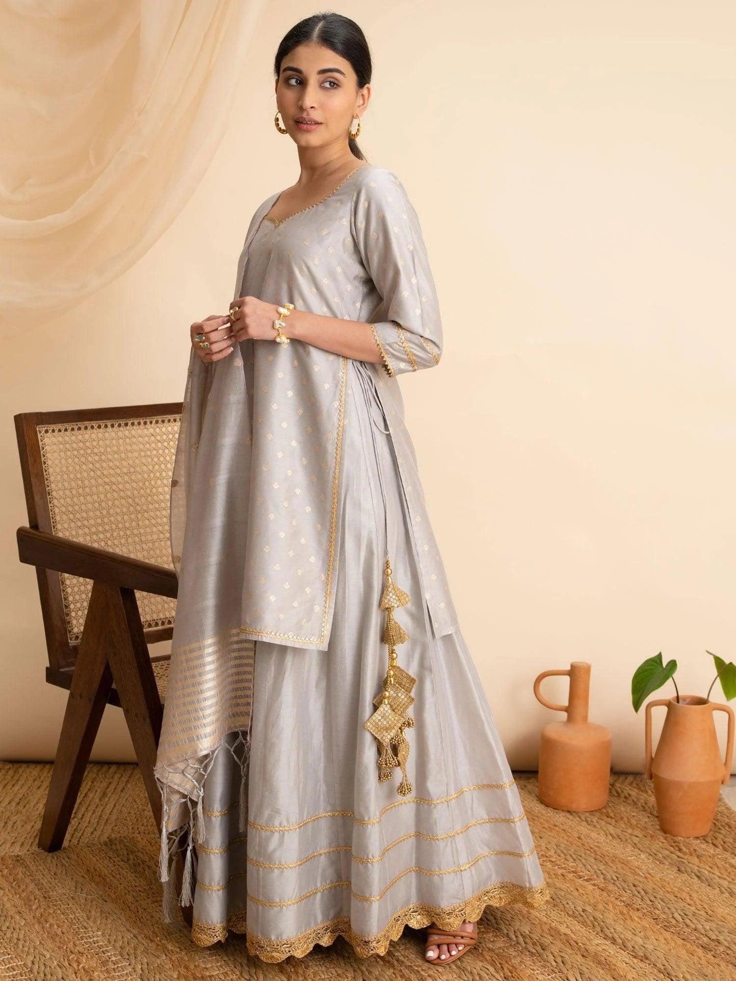 Grey Self Design Silk Suit Set