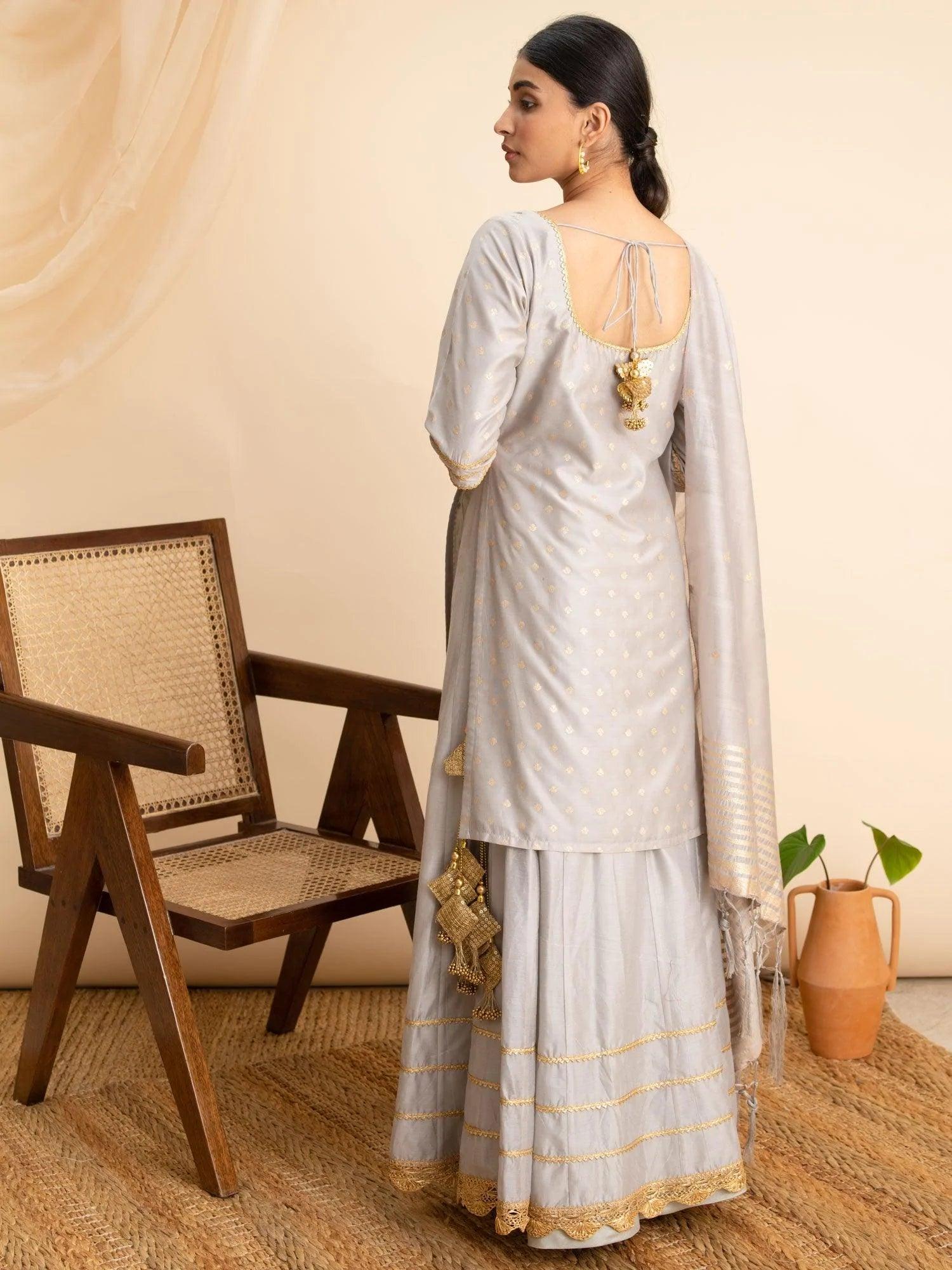 Grey Self Design Silk Suit Set