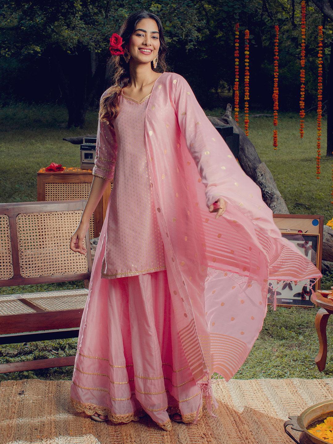 Pink Self Design Silk Suit Set - ShopLibas