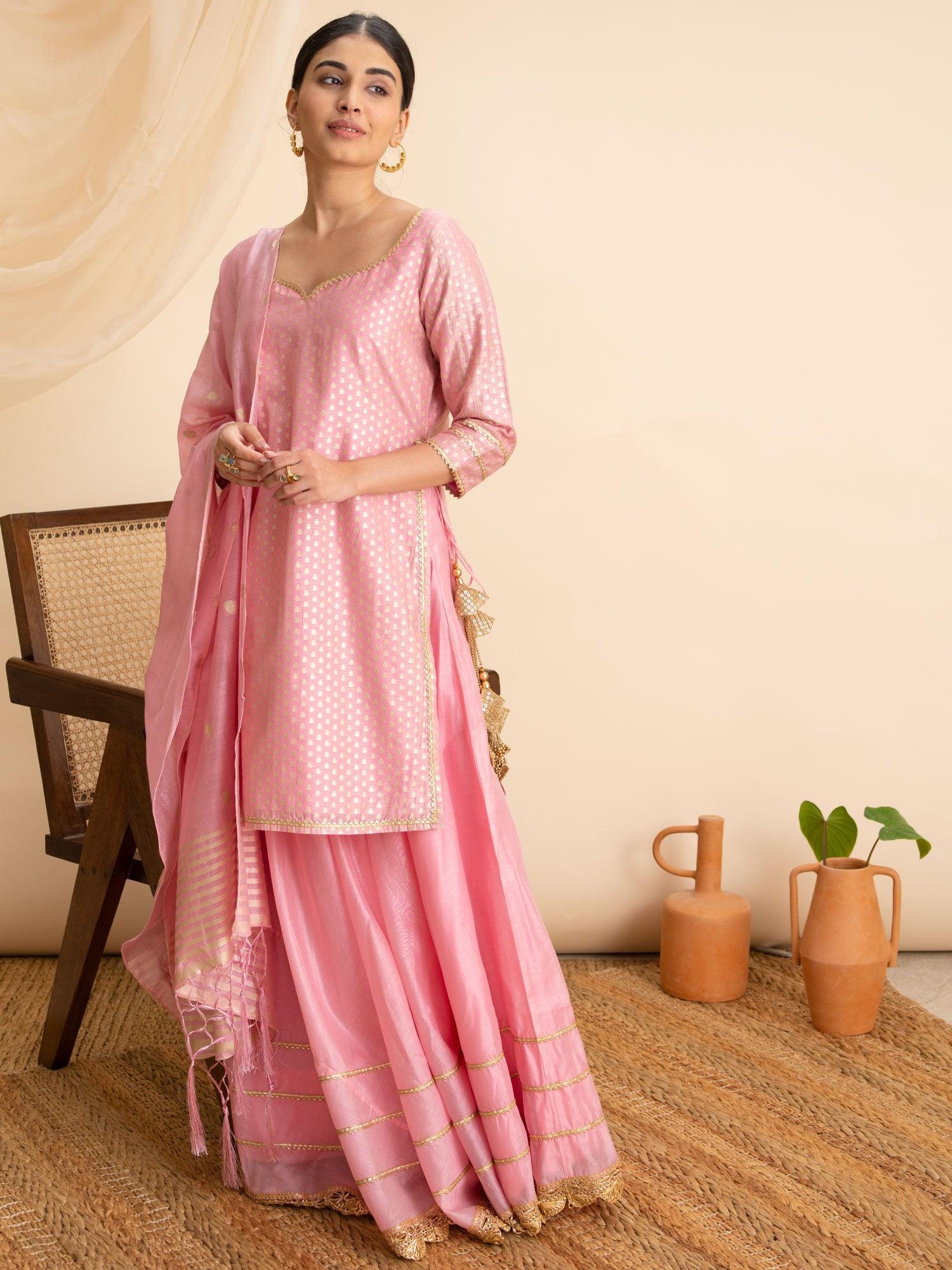 Pink Self Design Silk Suit Set