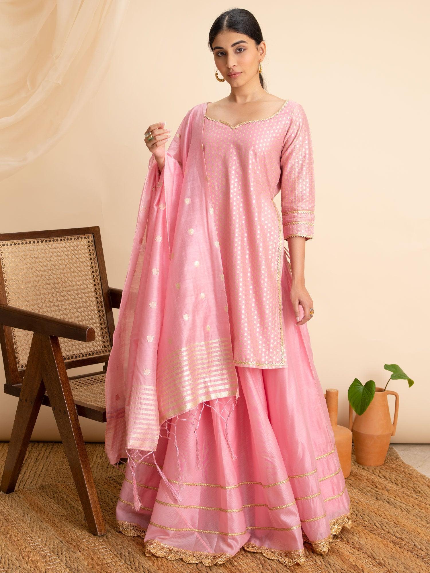 Pink Self Design Silk Suit Set