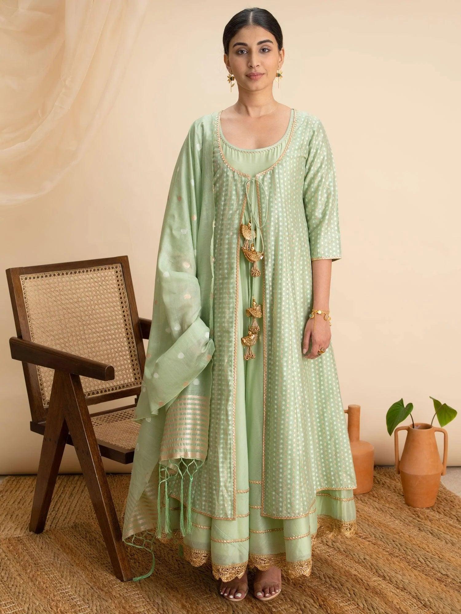 Green Self Design Silk Suit Set