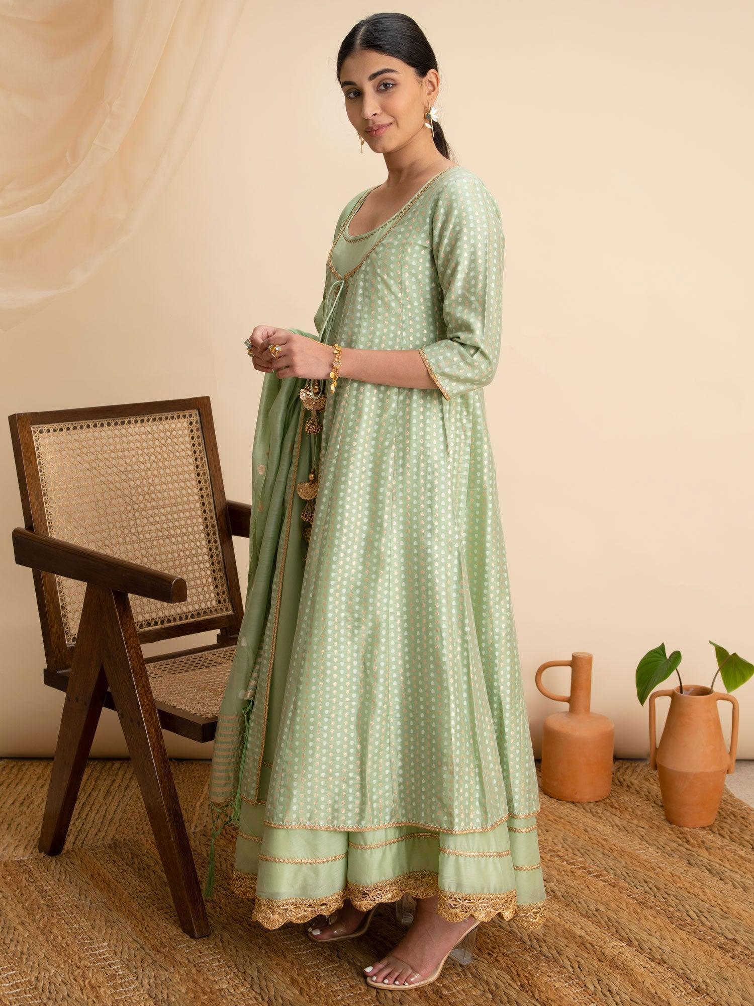 Green Self Design Silk Suit Set