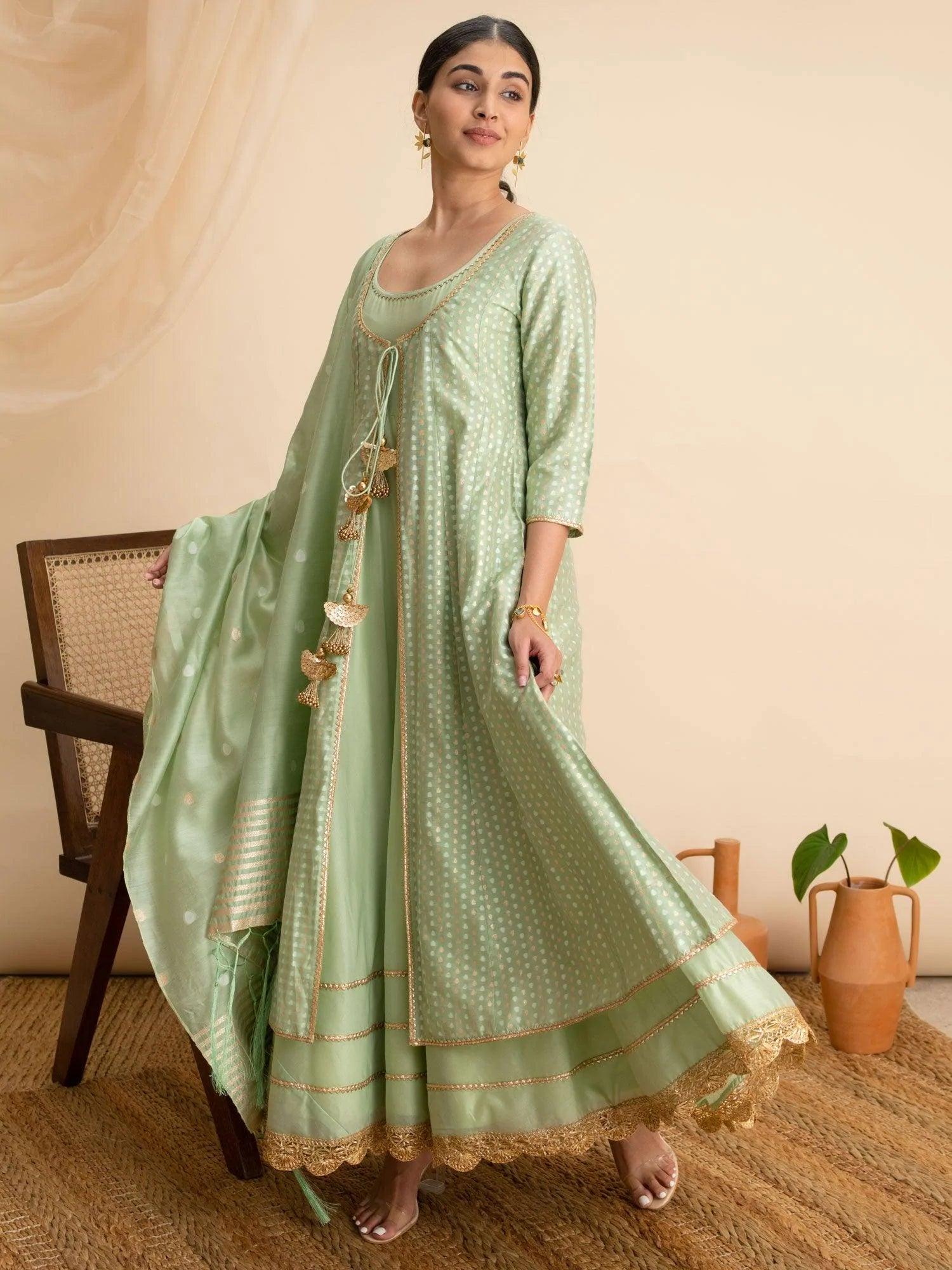 Green Self Design Silk Suit Set