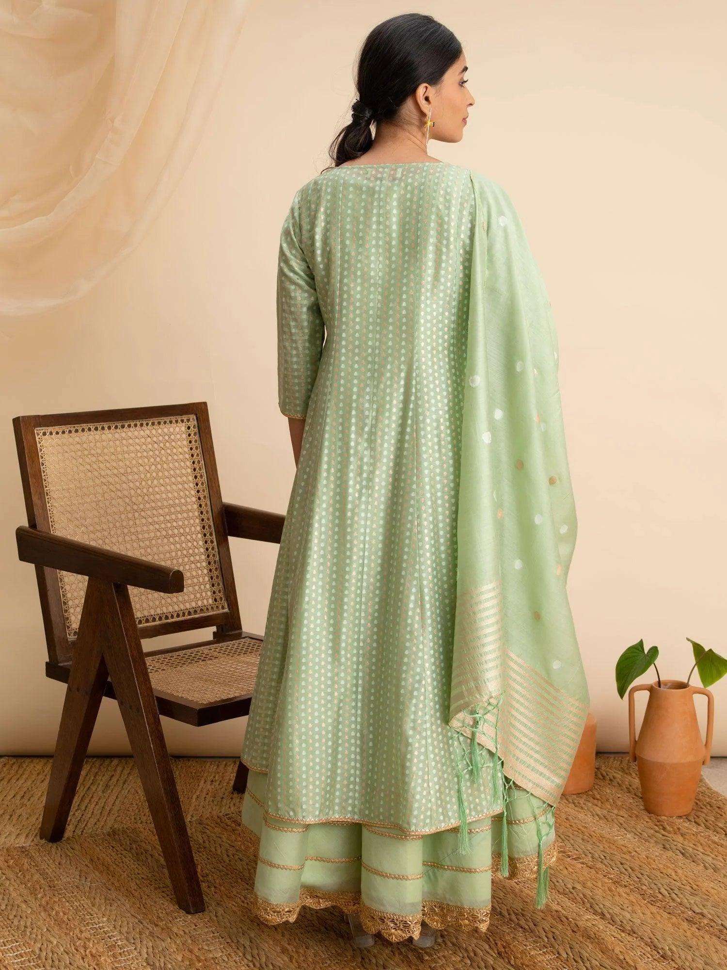 Green Self Design Silk Suit Set