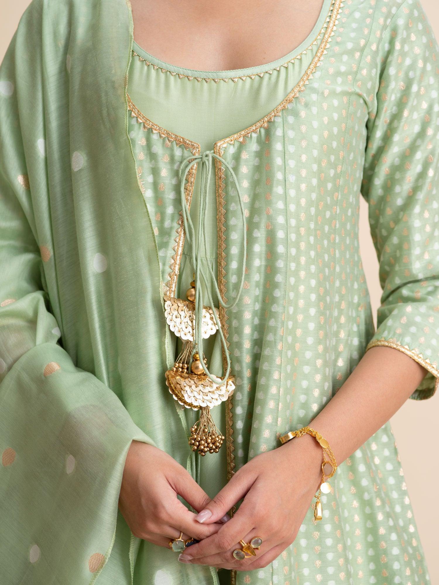 Green Self Design Silk Suit Set