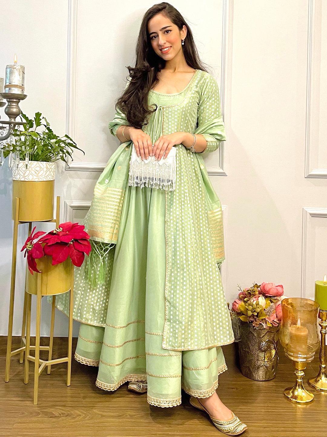 Green Self Design Silk Suit Set