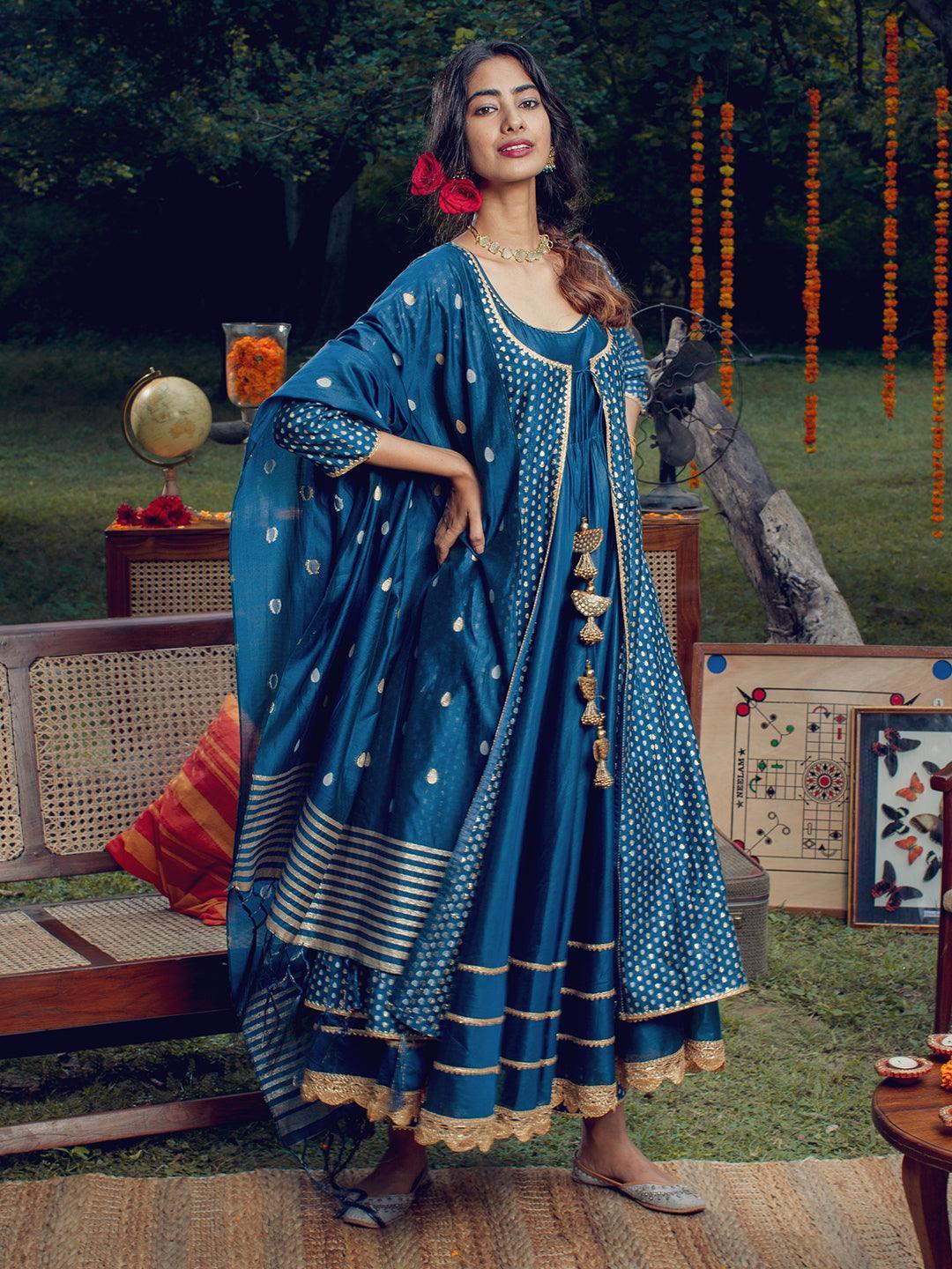 Blue Self Design Chanderi Silk Suit Set