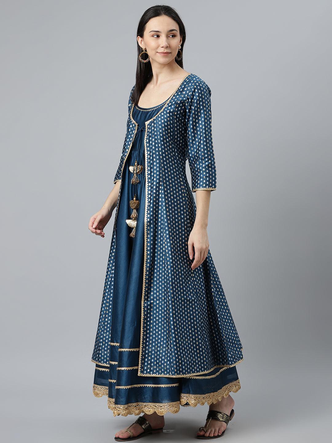 Blue Self Design Chanderi Silk Suit Set