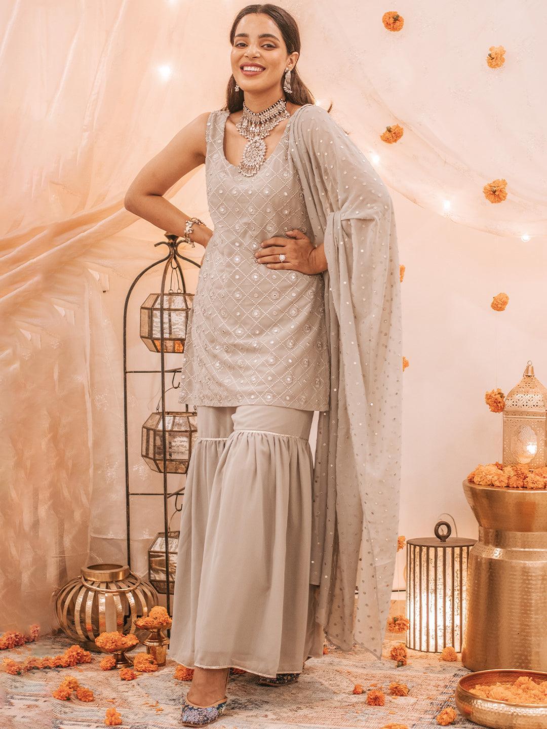 Grey Embroidered Georgette Suit Set