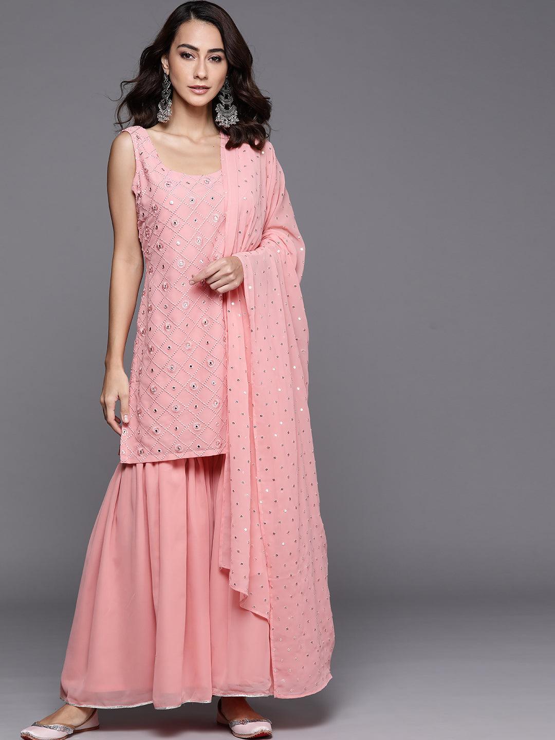 Pink Embroidered Georgette Suit Set