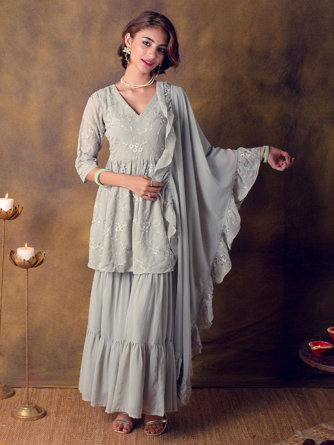 Grey Embroidered Georgette Suit Set - ShopLibas