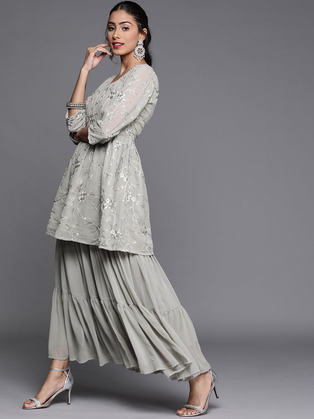 Grey Embroidered Georgette Suit Set