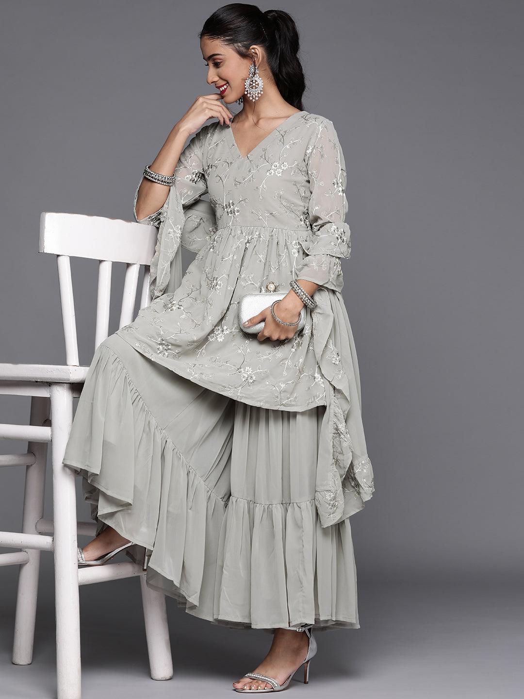 Grey Embroidered Georgette Suit Set