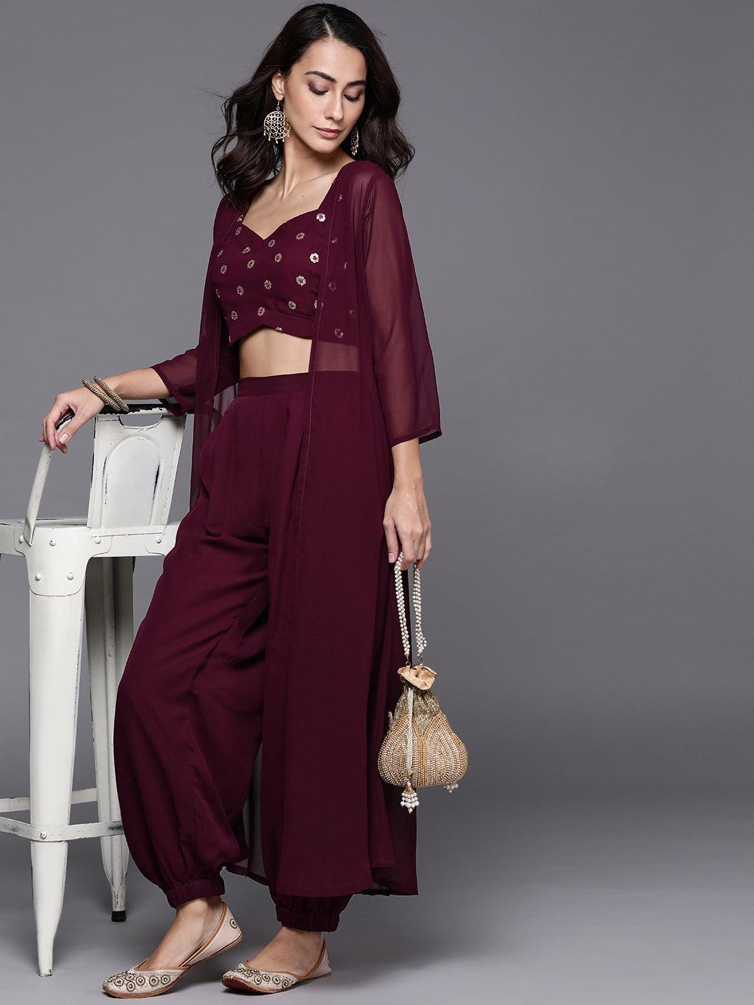 Maroon Embroidered Georgette Clothing Set