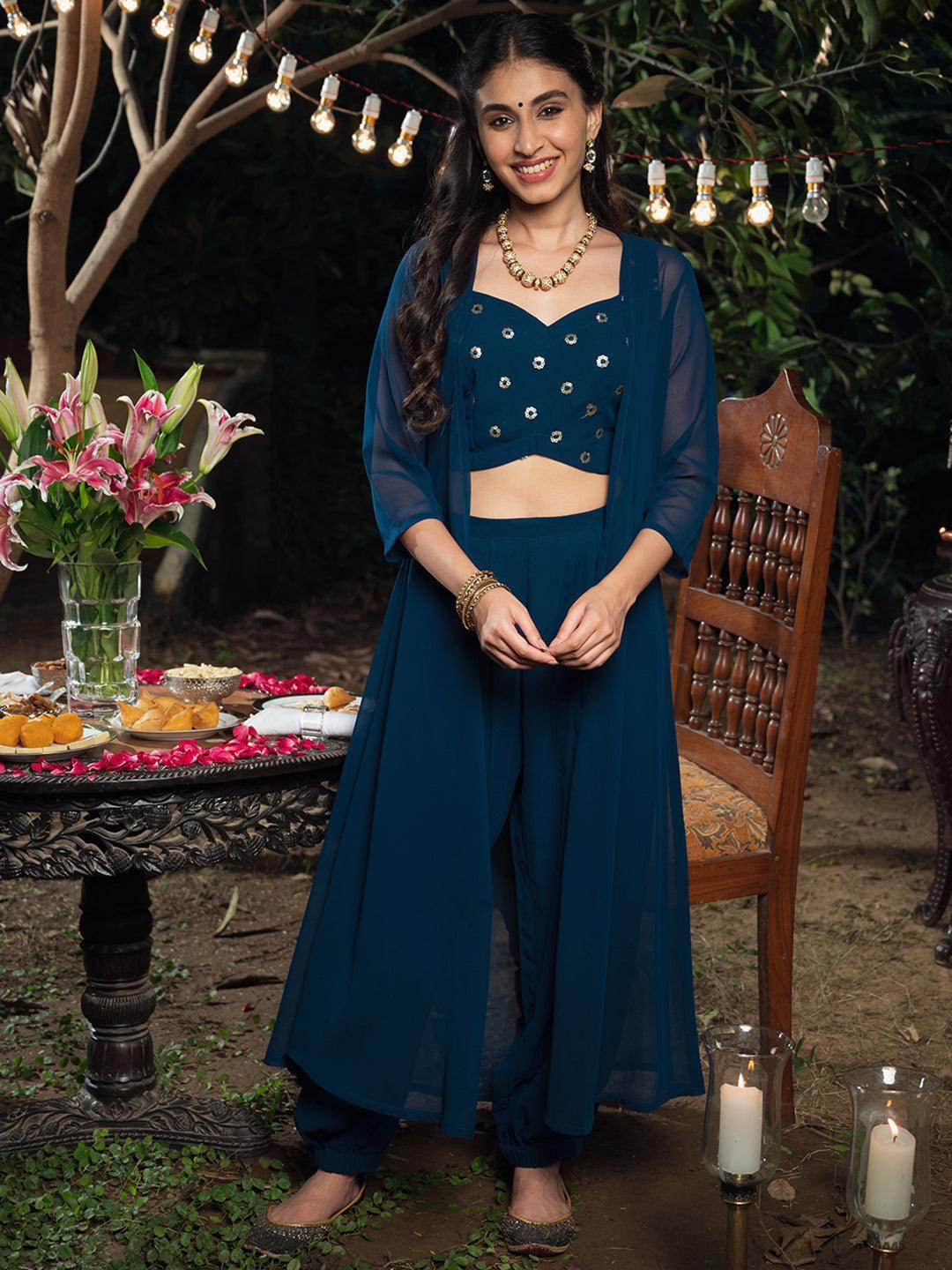 Blue Embroidered Georgette Clothing Set