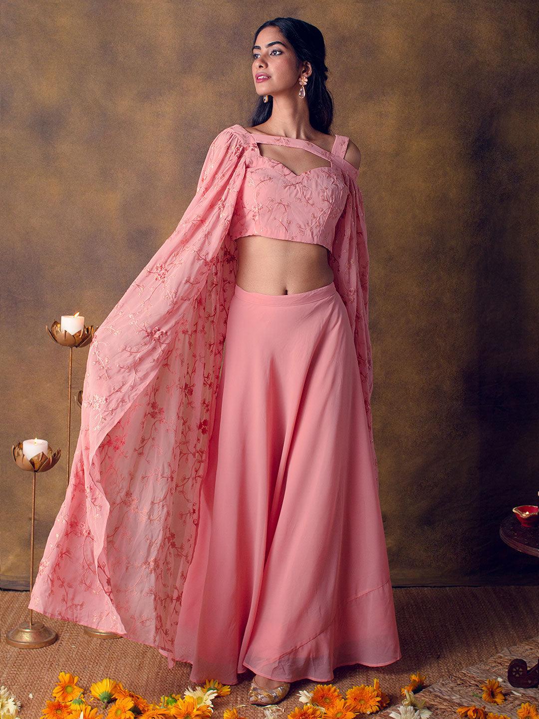 Pink Solid Georgette Lehenga Set