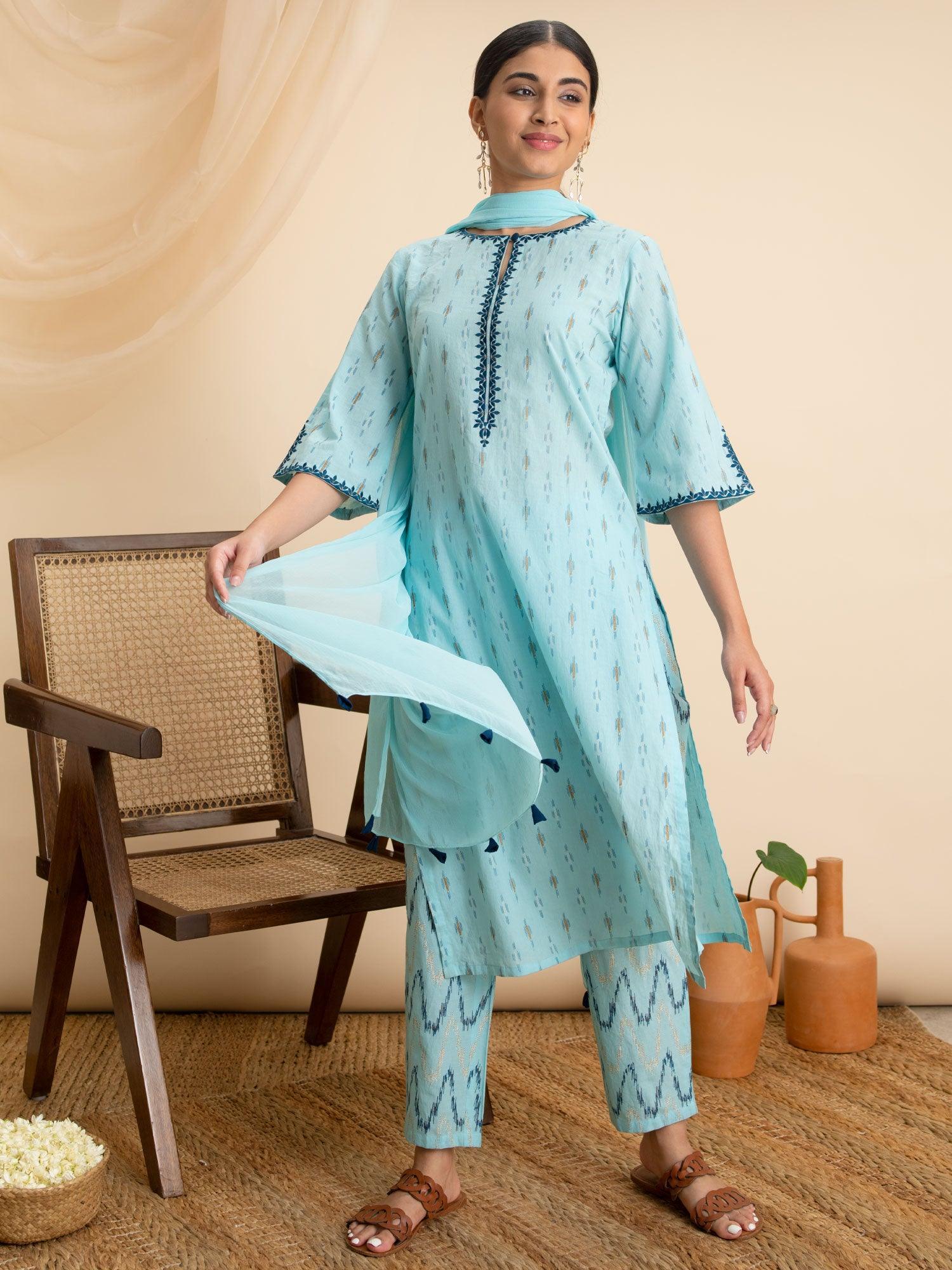 Blue Printed Cotton Suit Set