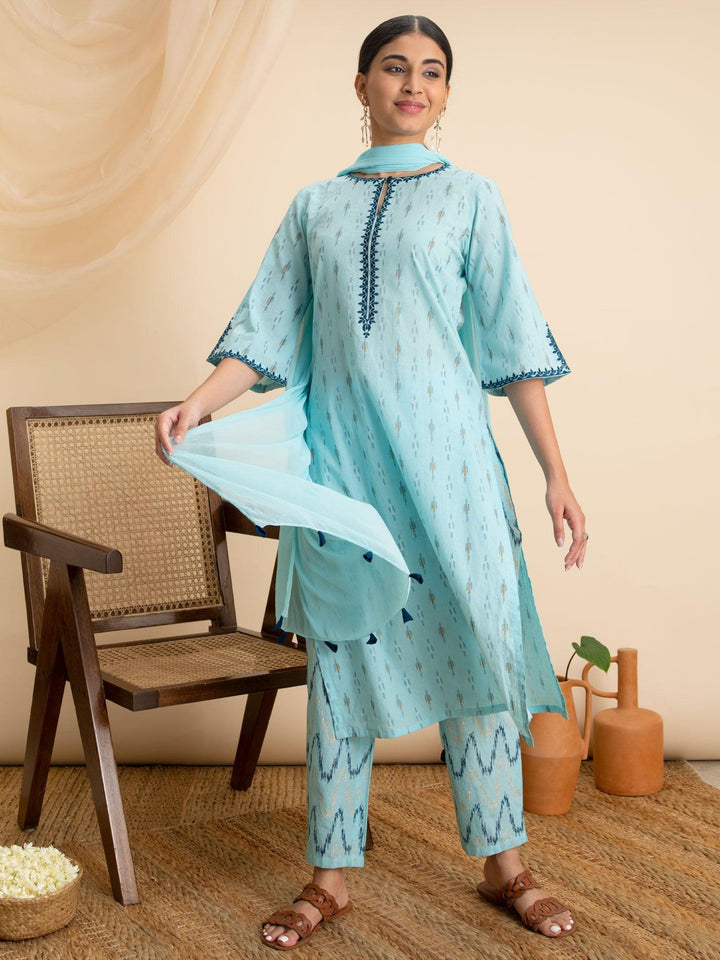 Blue Printed Cotton Suit Set - ShopLibas