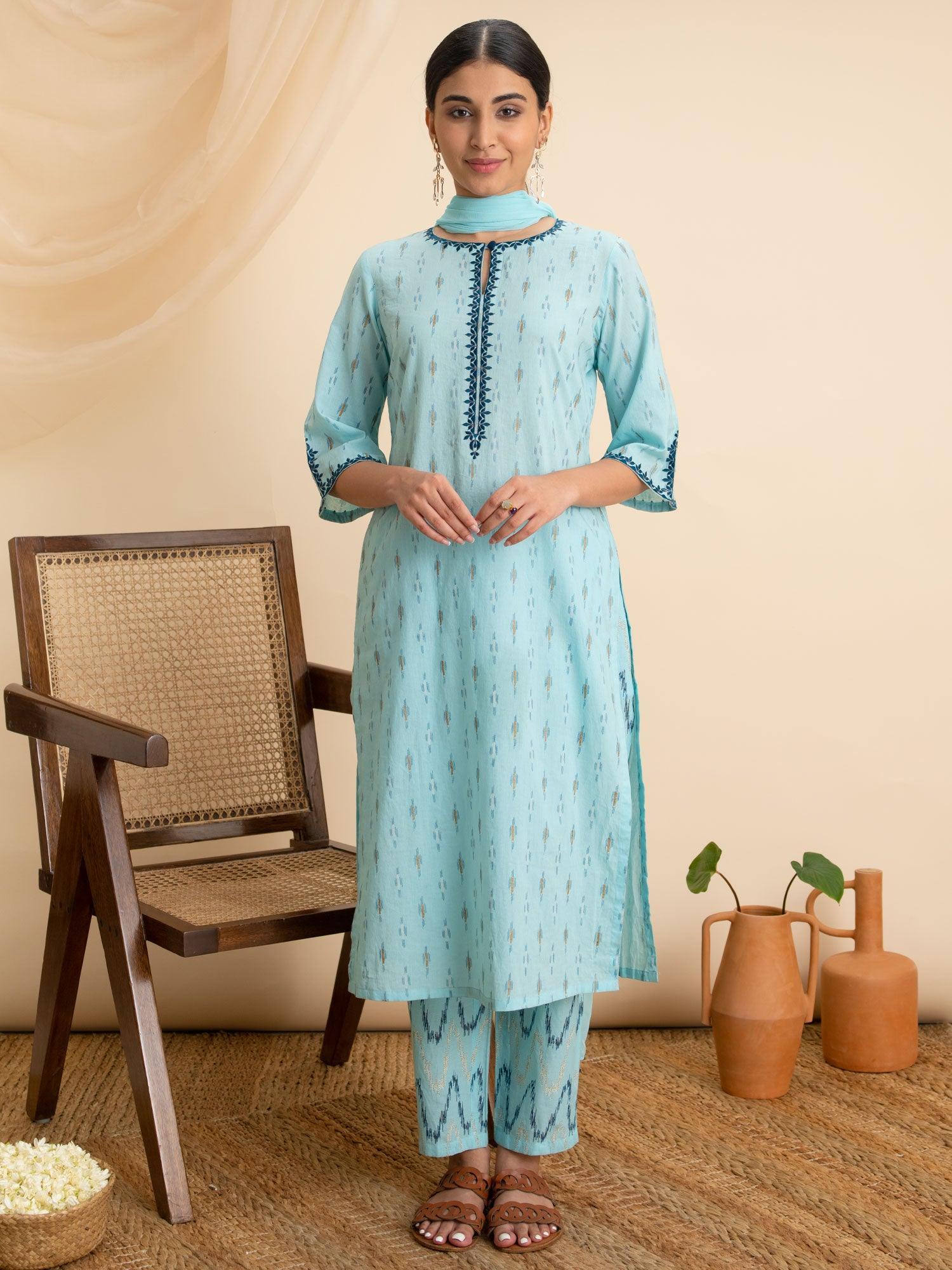 Blue Printed Cotton Suit Set