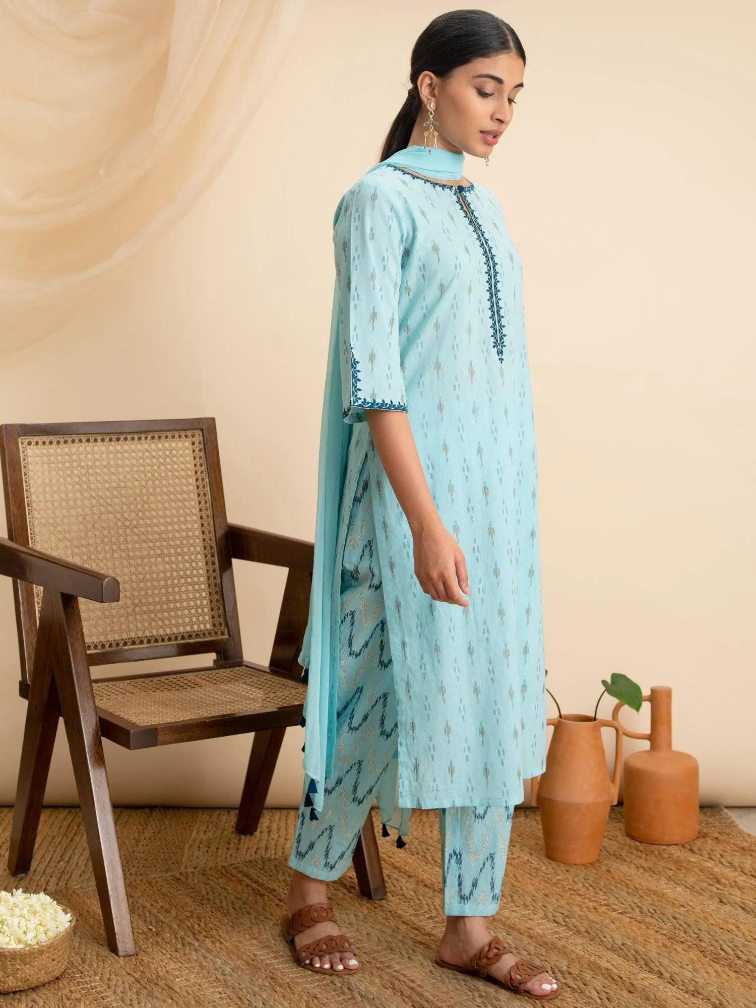 Blue Printed Cotton Suit Set