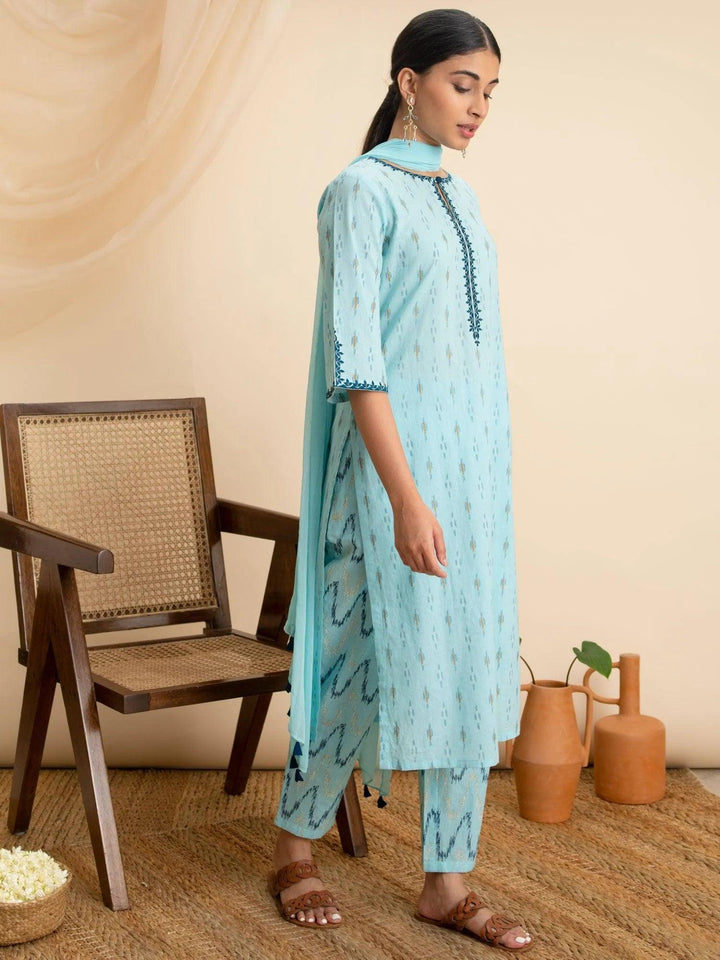 Blue Printed Cotton Suit Set - ShopLibas