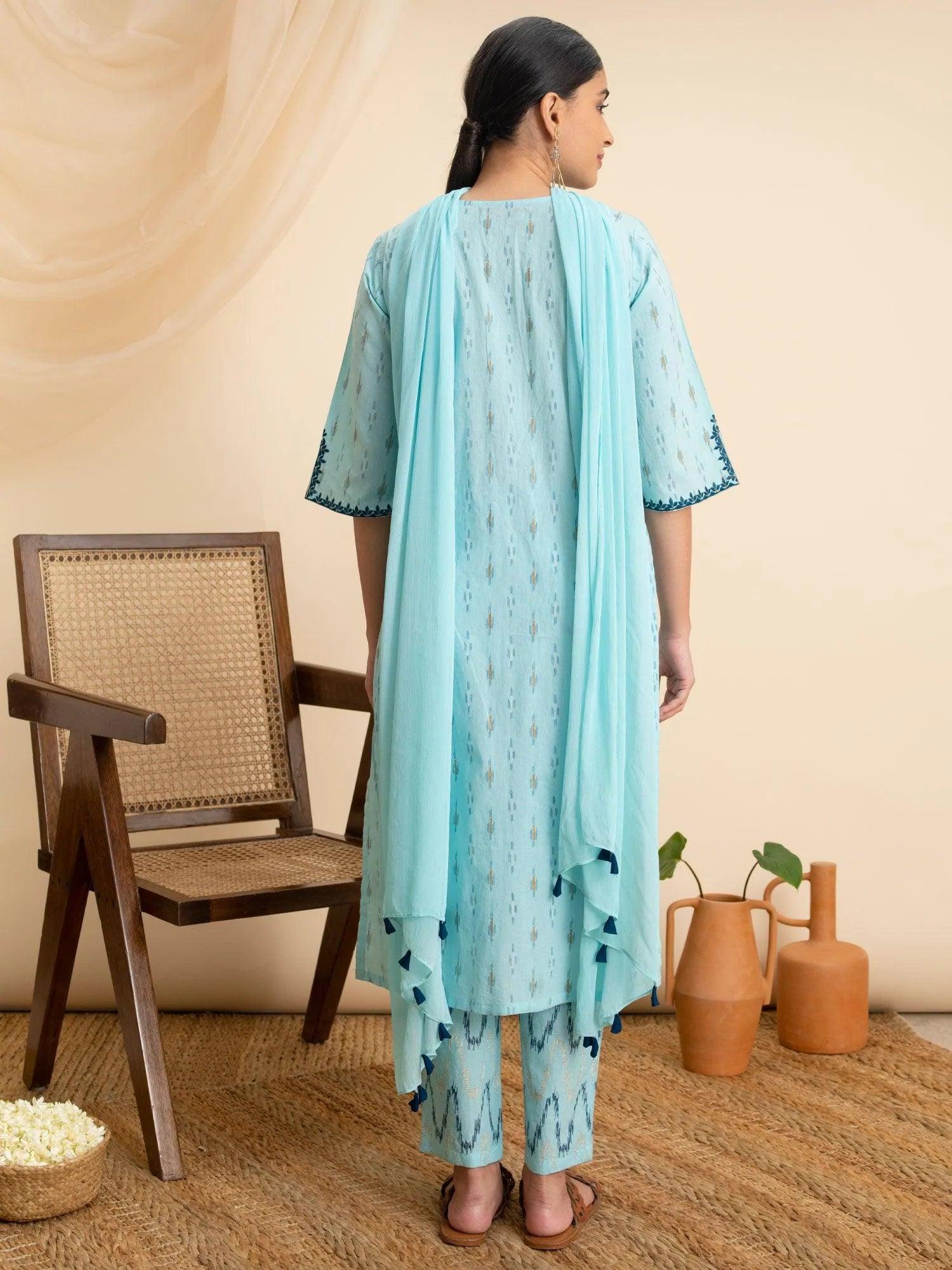 Blue Printed Cotton Suit Set