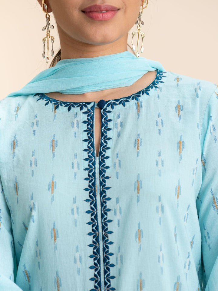 Blue Printed Cotton Suit Set - ShopLibas