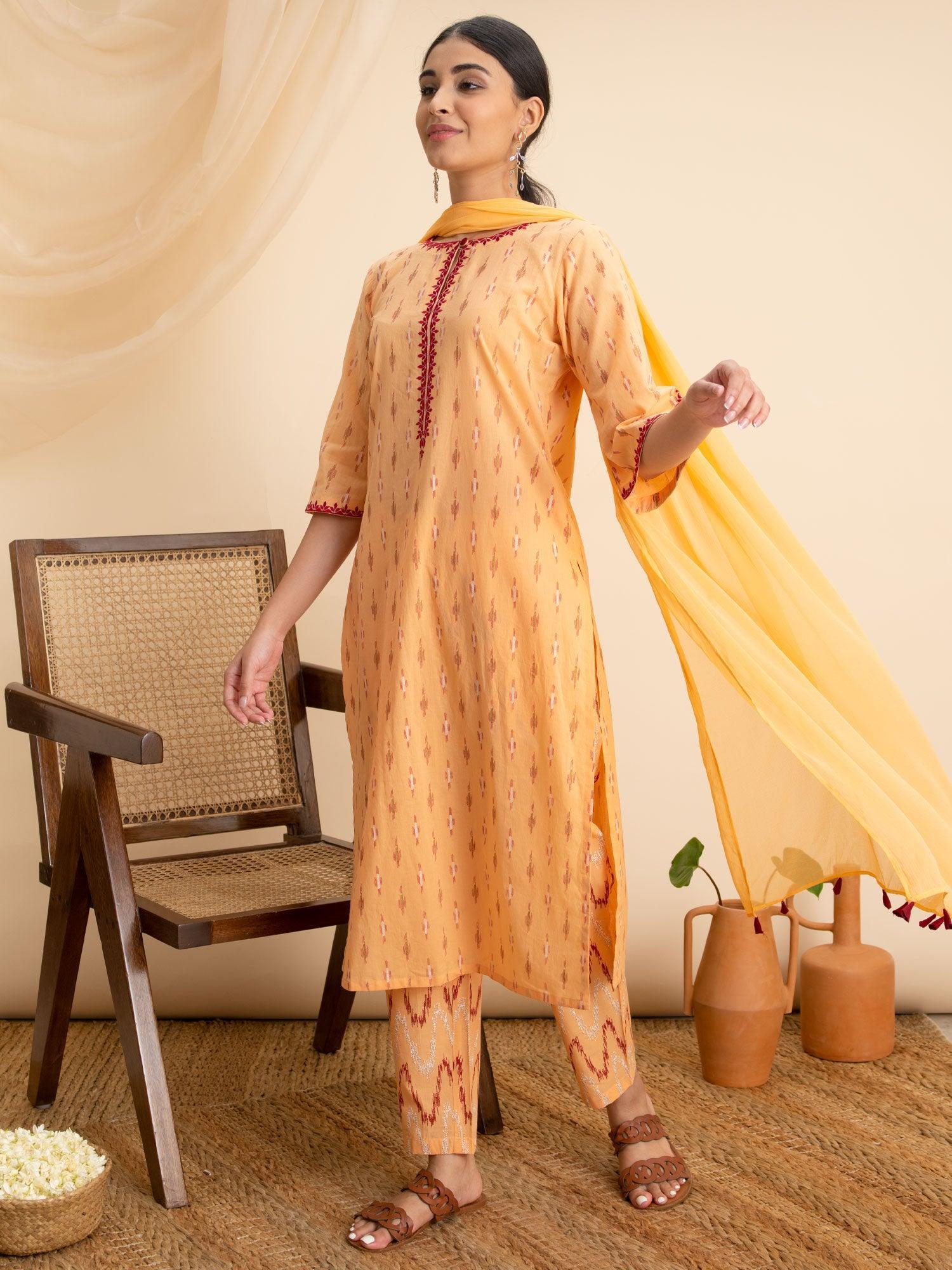 Peach Printed Cotton Suit Set