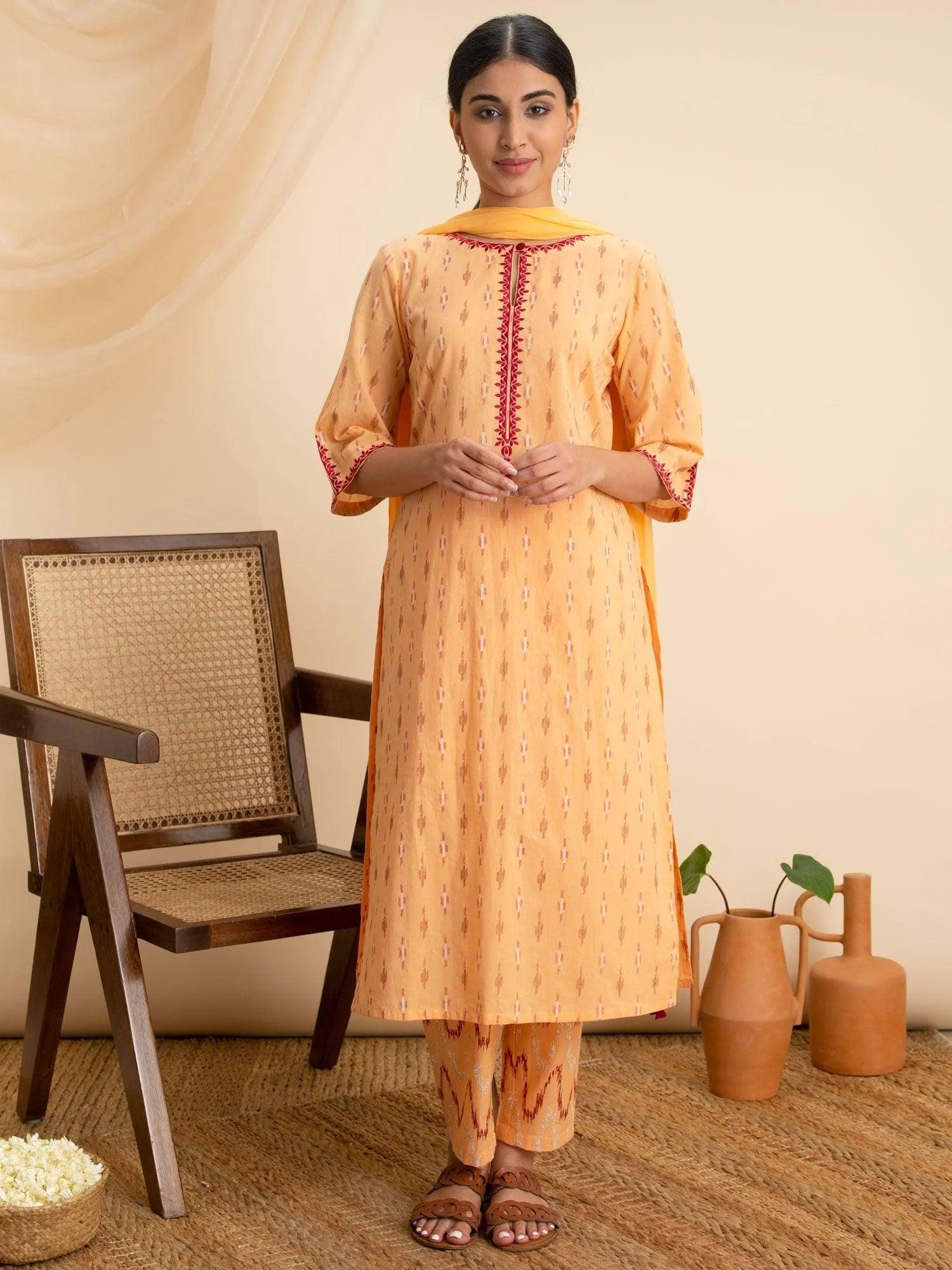 Peach Printed Cotton Suit Set