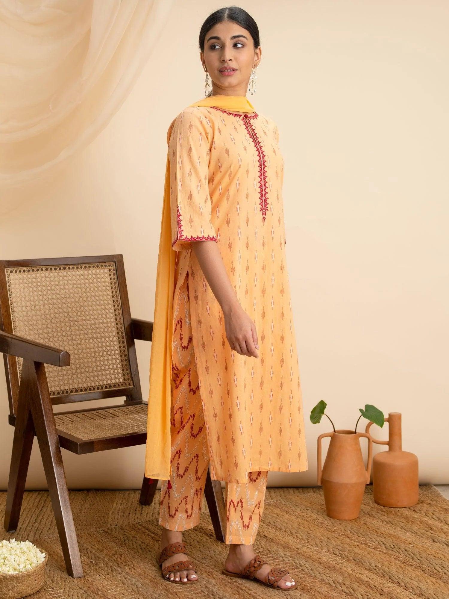 Peach Printed Cotton Suit Set