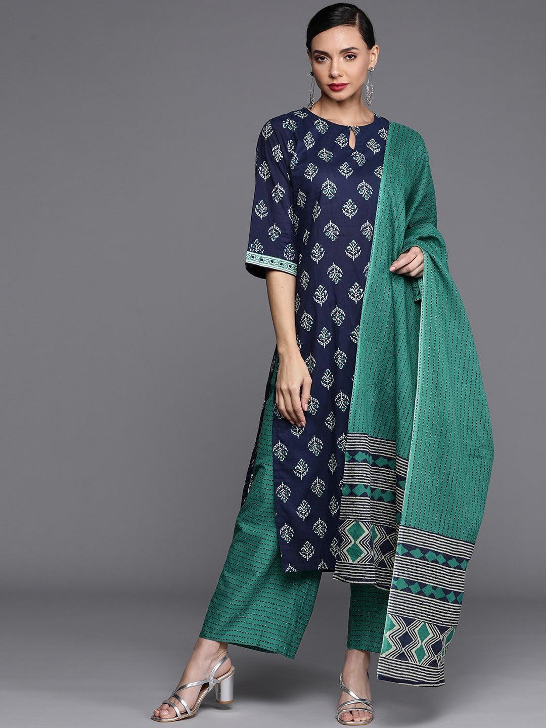 Navy Blue Printed Cotton Suit Set - ShopLibas