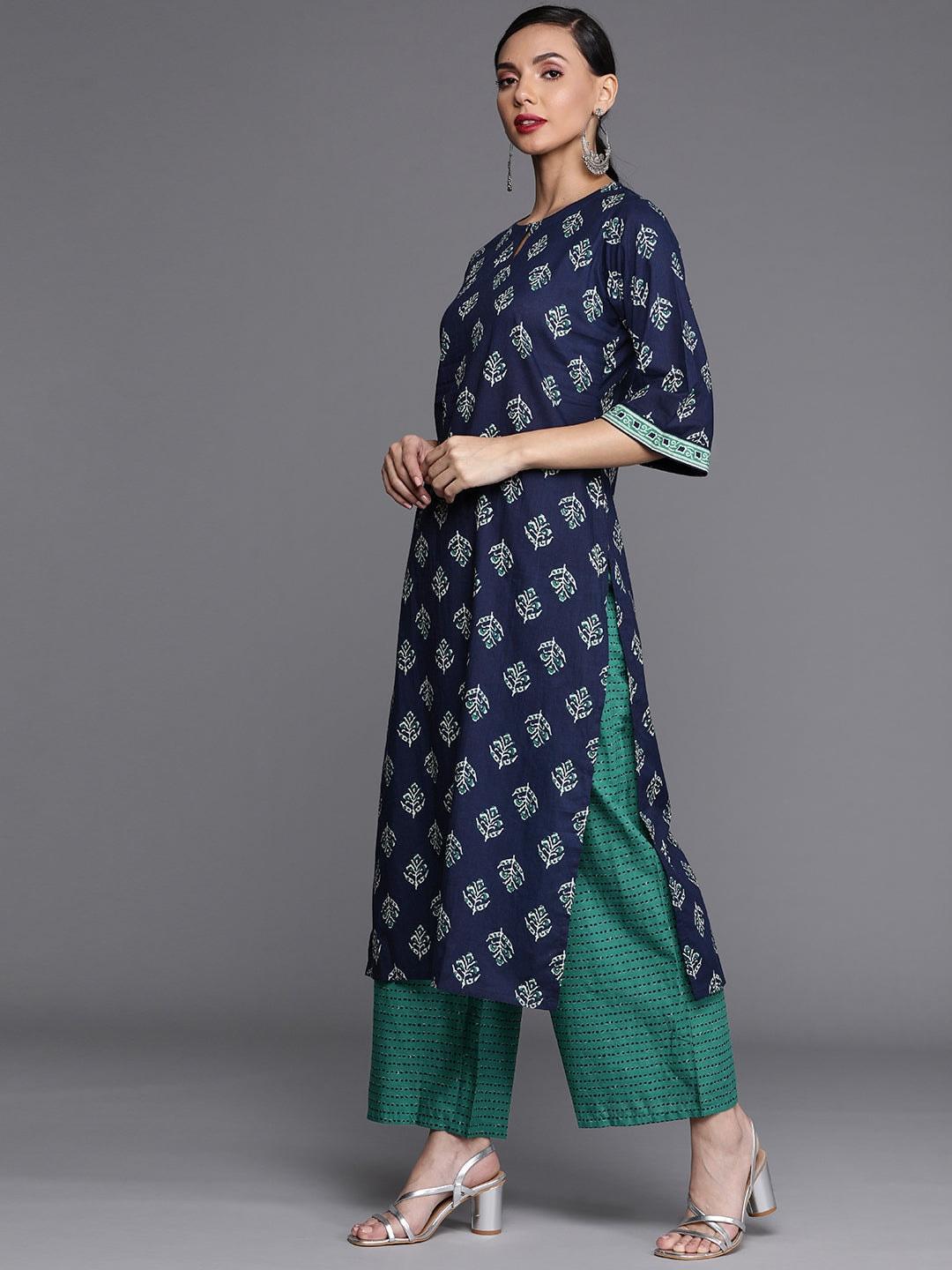 Navy Blue Printed Cotton Suit Set