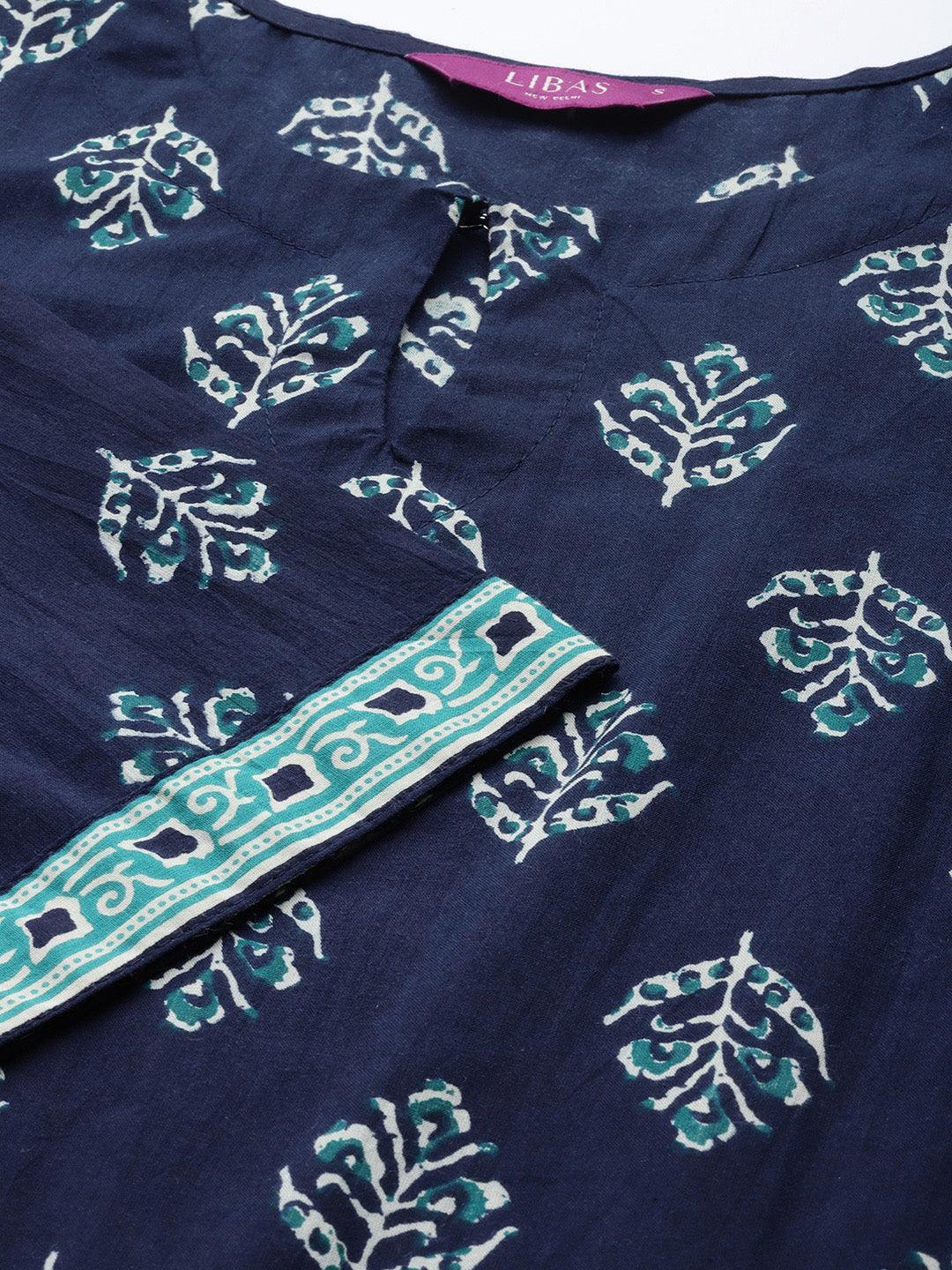 Navy Blue Printed Cotton Suit Set