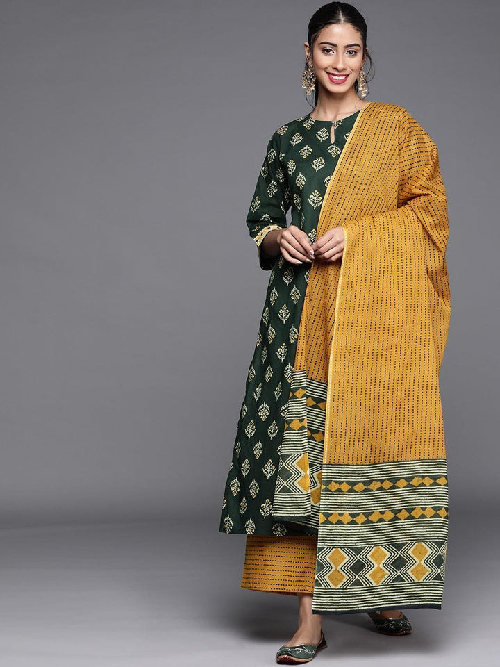 Green Printed Cotton Suit Set - ShopLibas