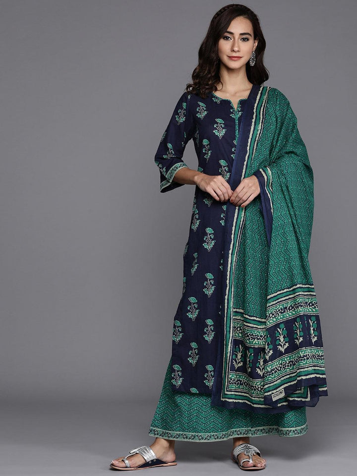 Navy Blue Printed Cotton Suit Set - ShopLibas