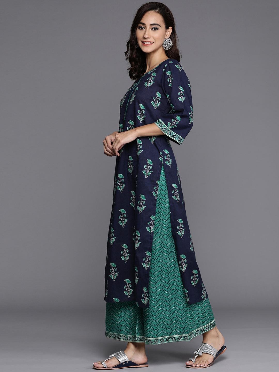 Navy Blue Printed Cotton Suit Set