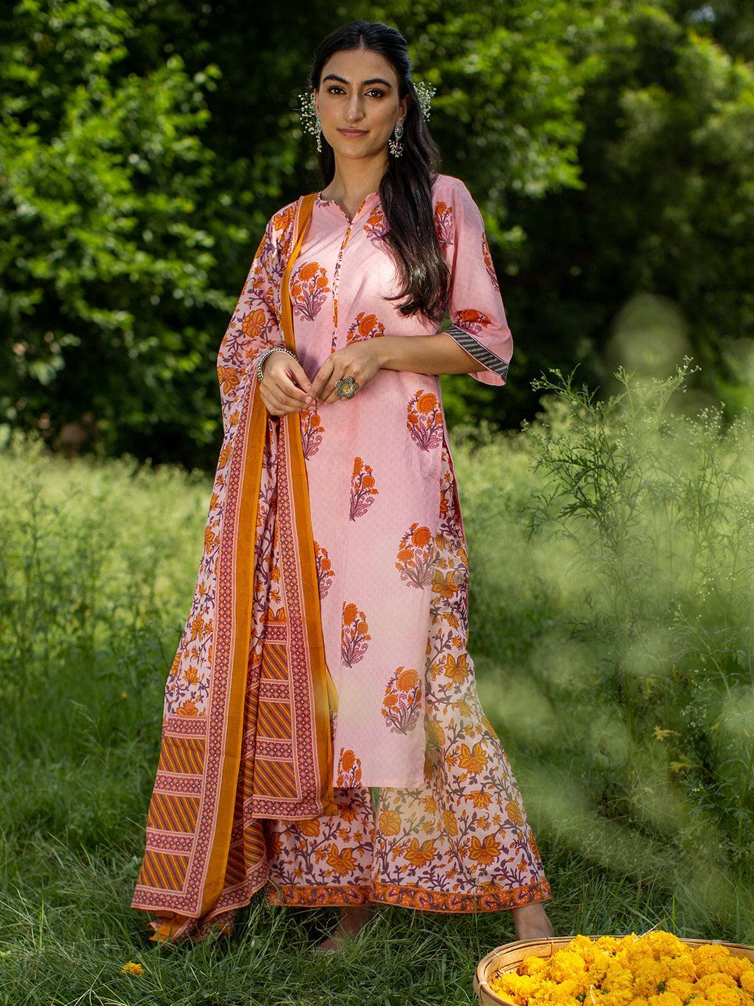 Pink Printed Cotton Suit Set