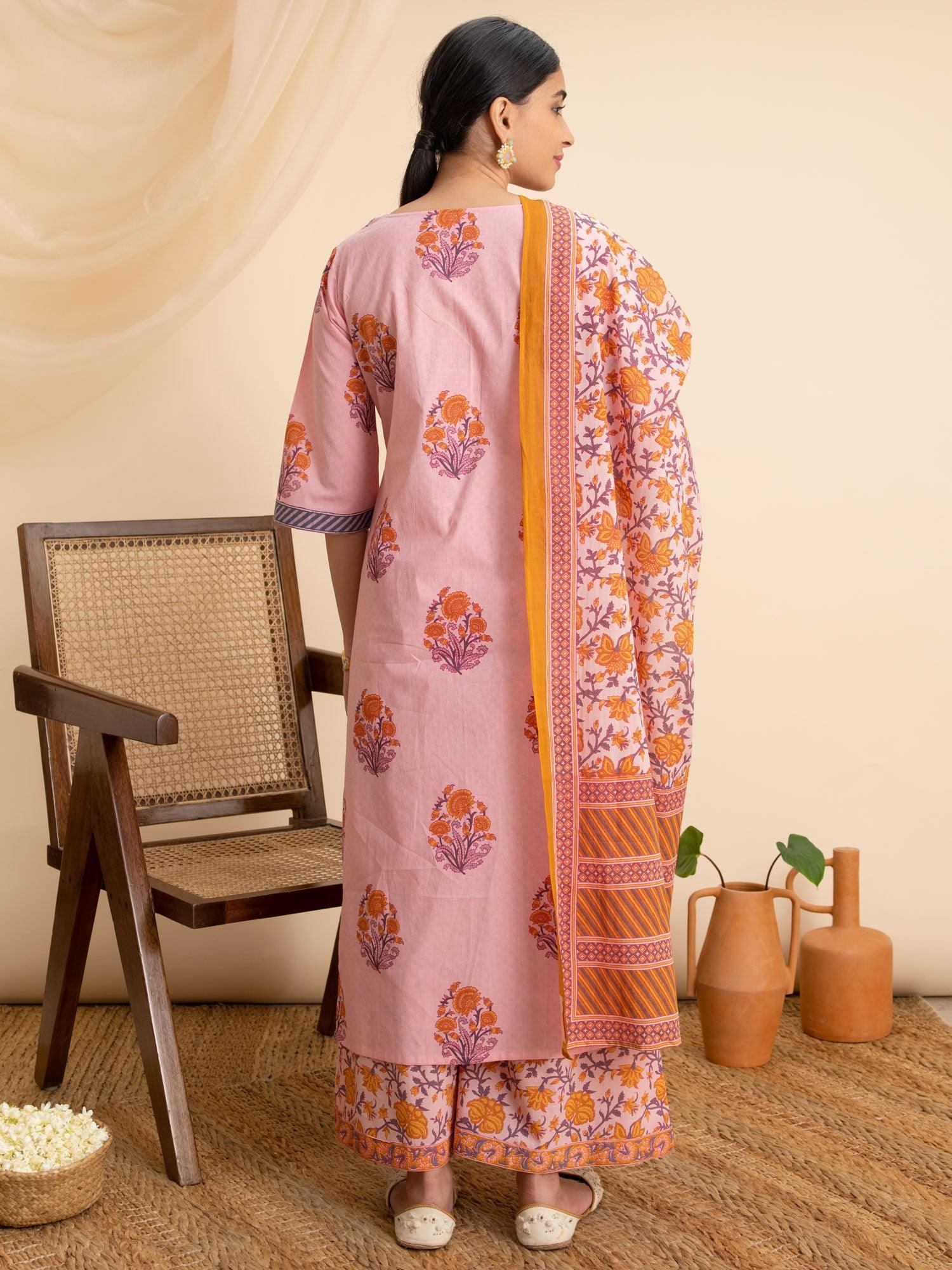 Pink Printed Cotton Suit Set