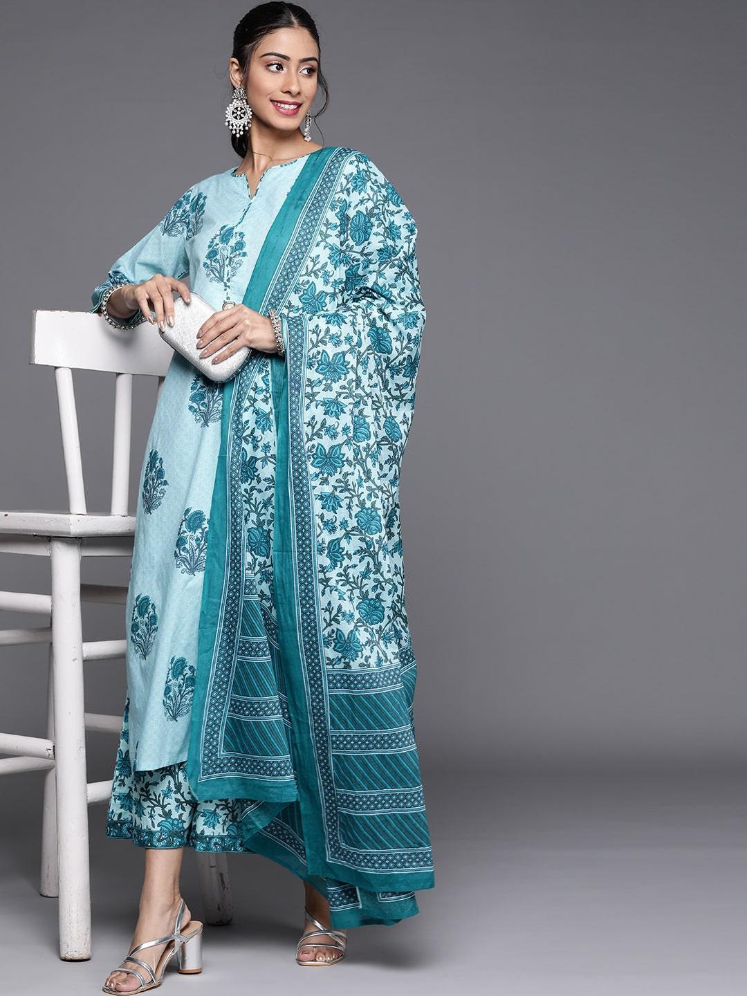 Blue Printed Cotton Suit Set - ShopLibas