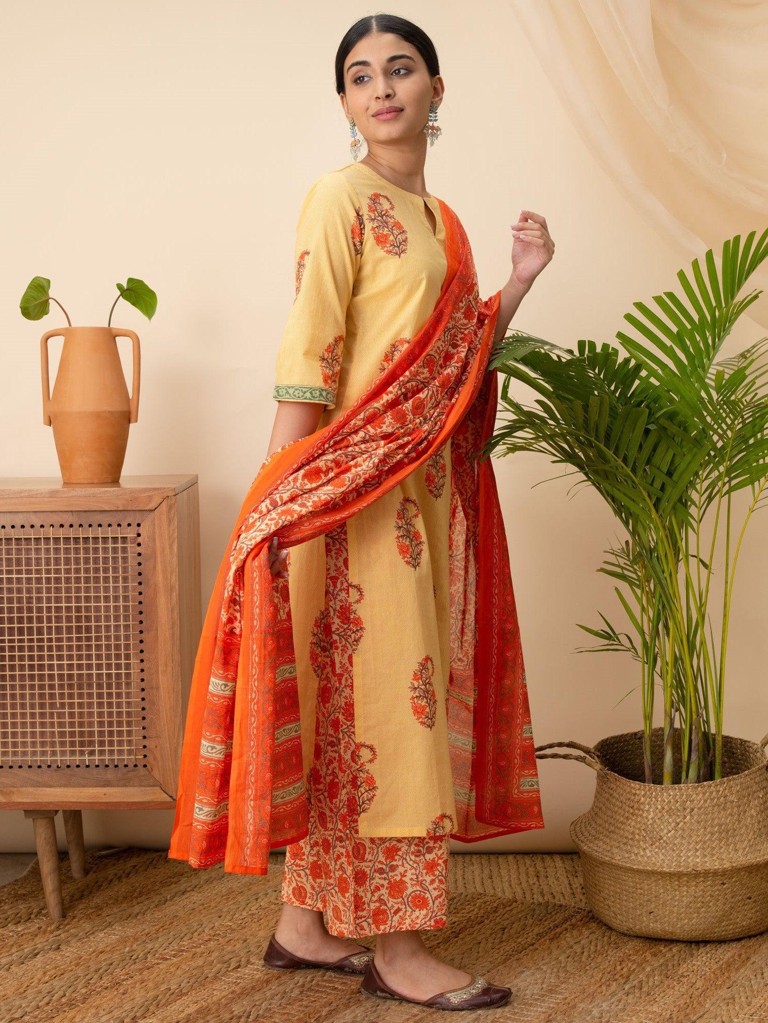 Yellow Printed Cotton Suit Set