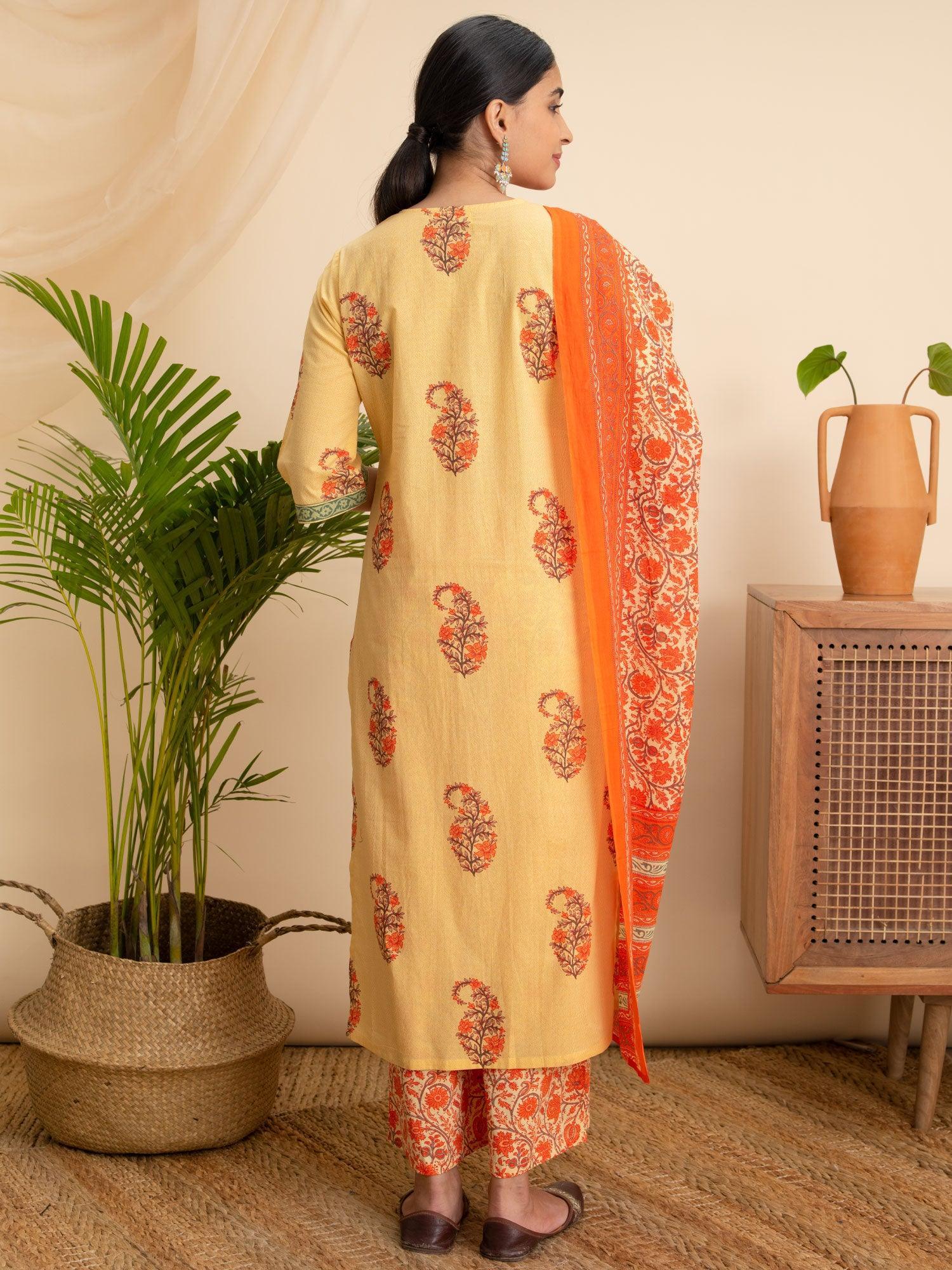 Yellow Printed Cotton Suit Set