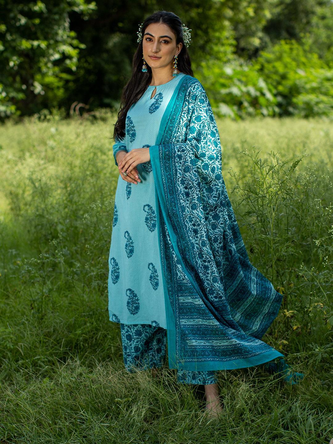 Turquoise Blue Printed Cotton Suit Set