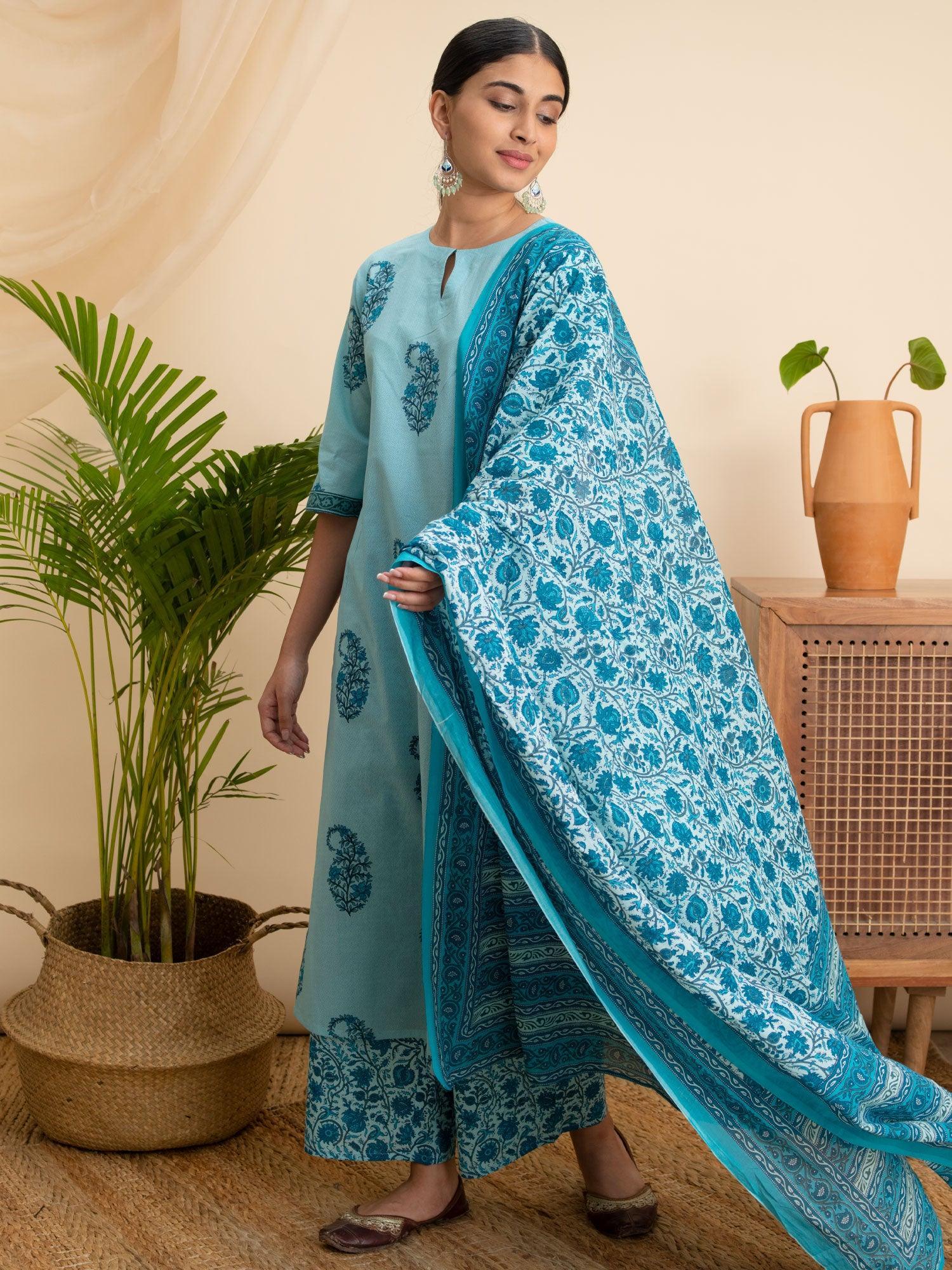 Turquoise Blue Printed Cotton Suit Set