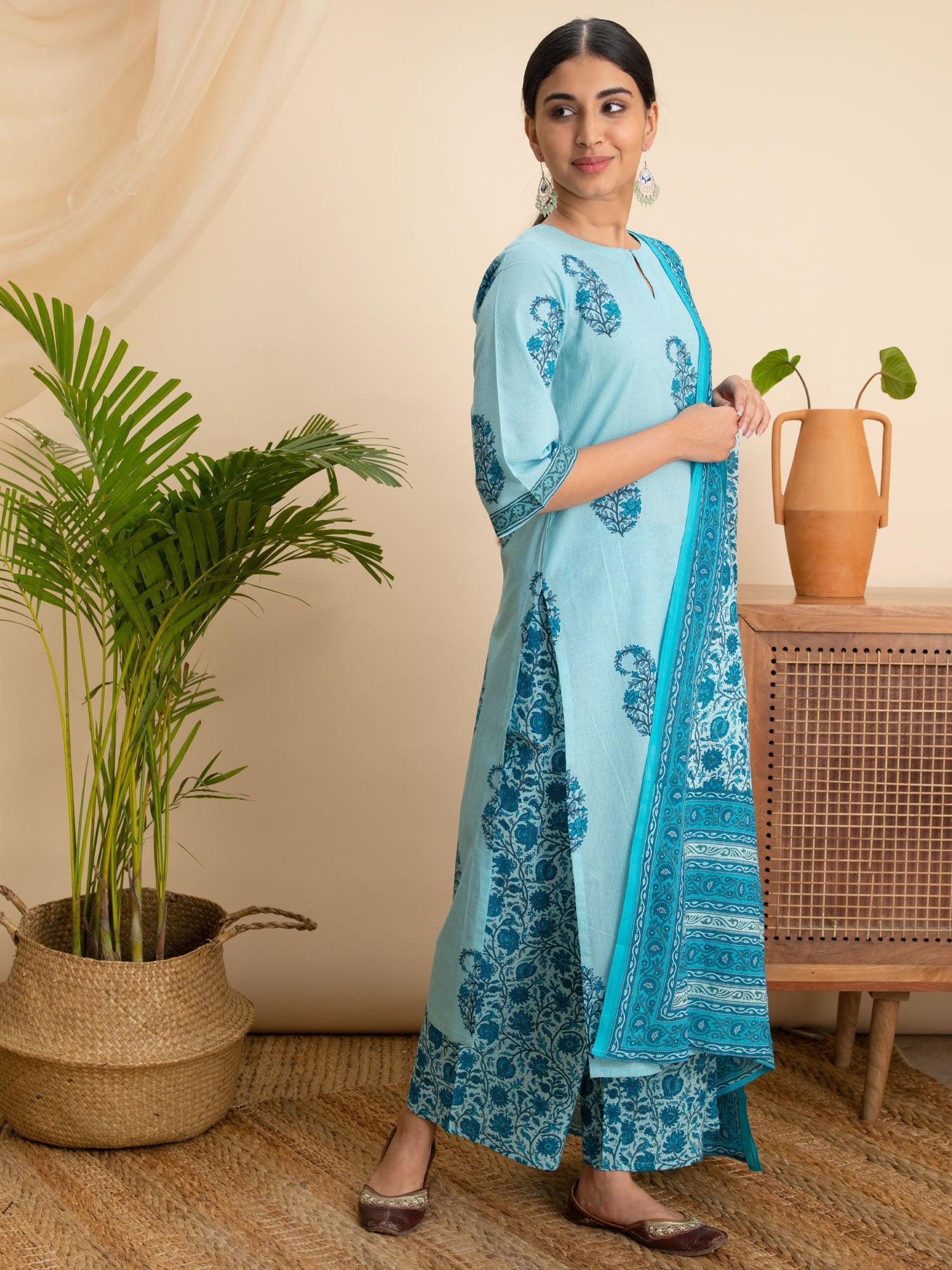 Turquoise Blue Printed Cotton Suit Set