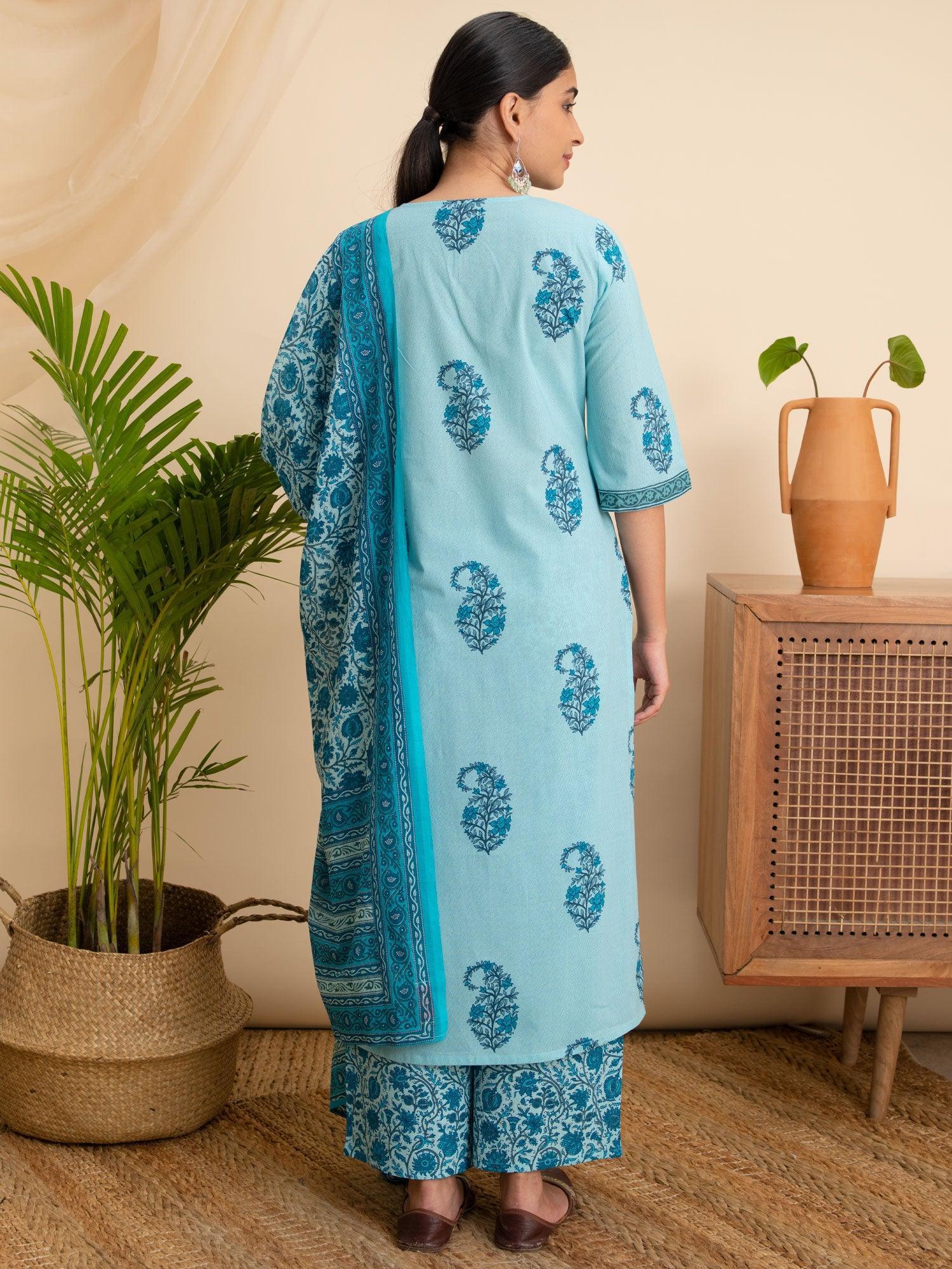 Turquoise Blue Printed Cotton Suit Set