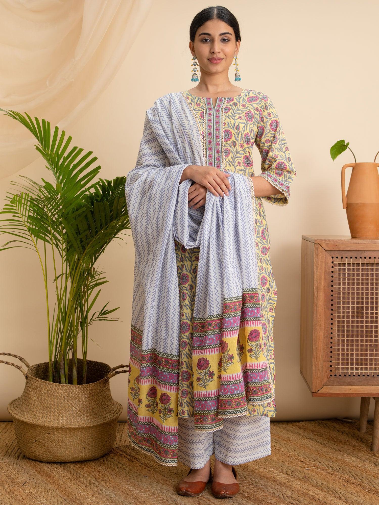 Yellow Printed Cotton Suit Set