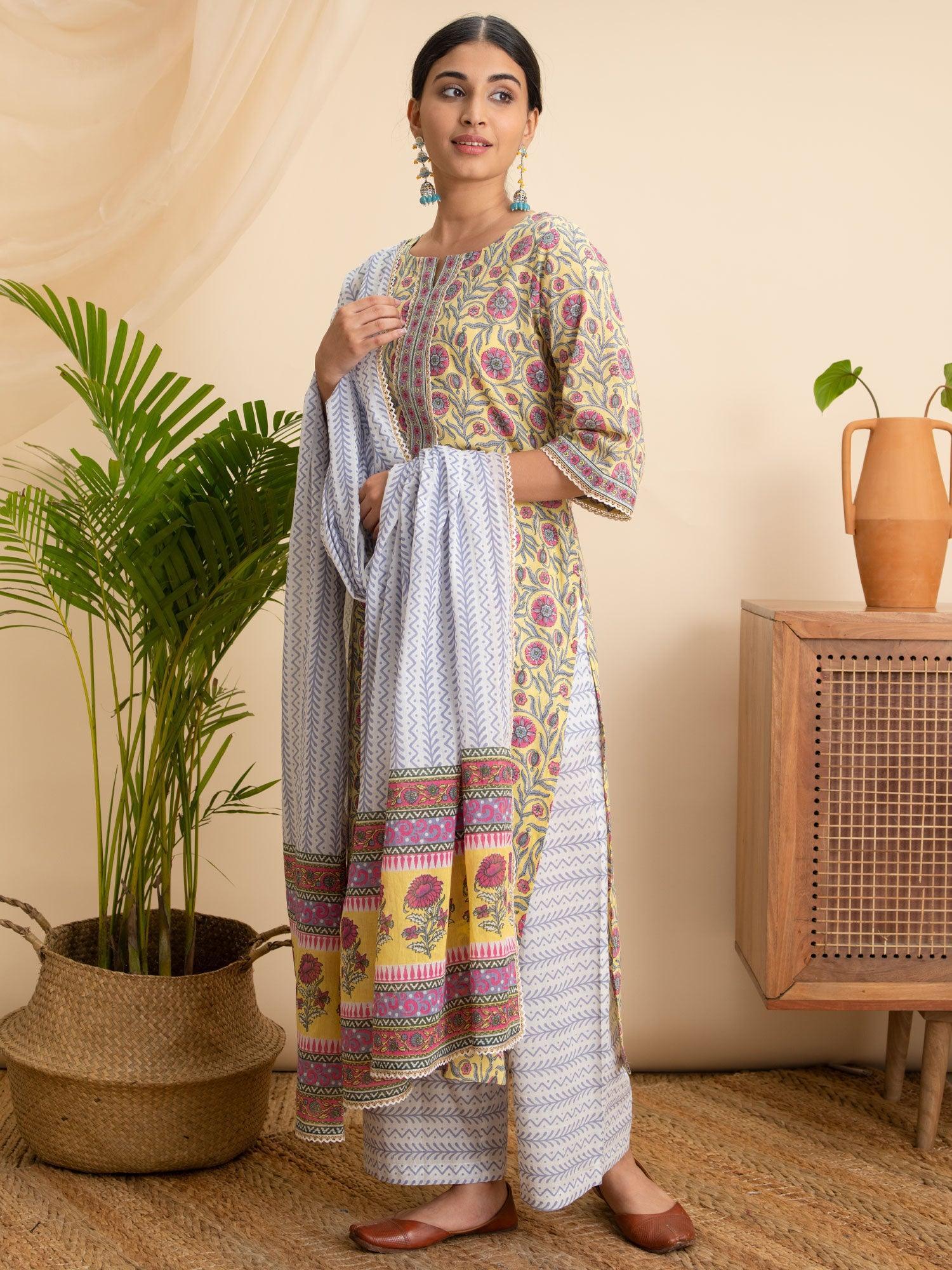 Yellow Printed Cotton Suit Set