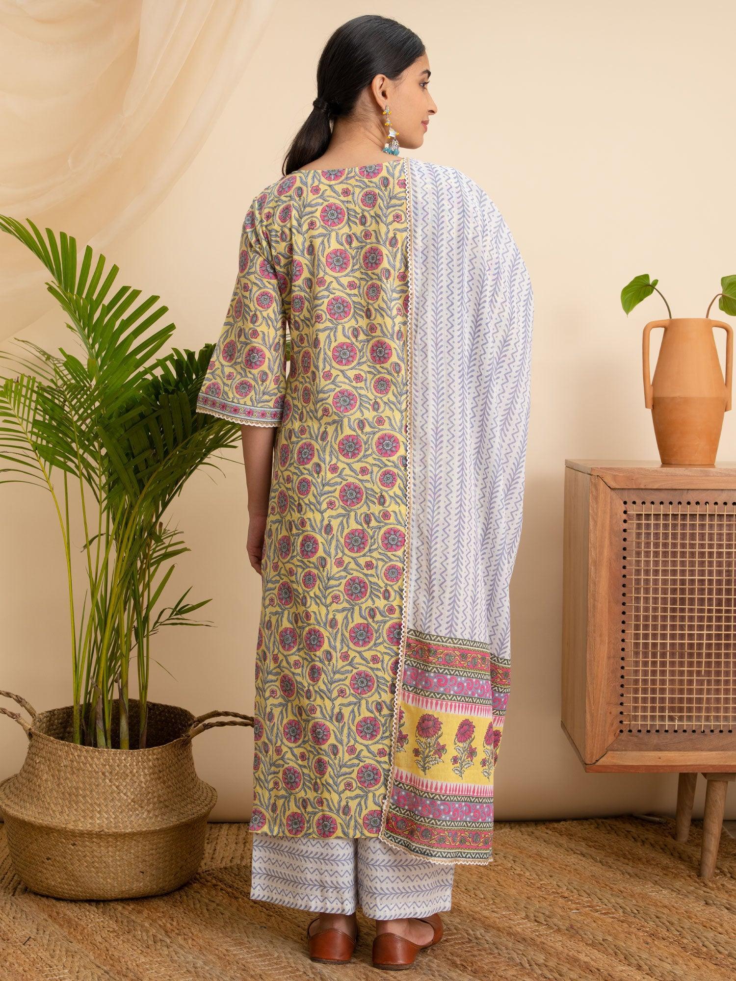 Yellow Printed Cotton Suit Set