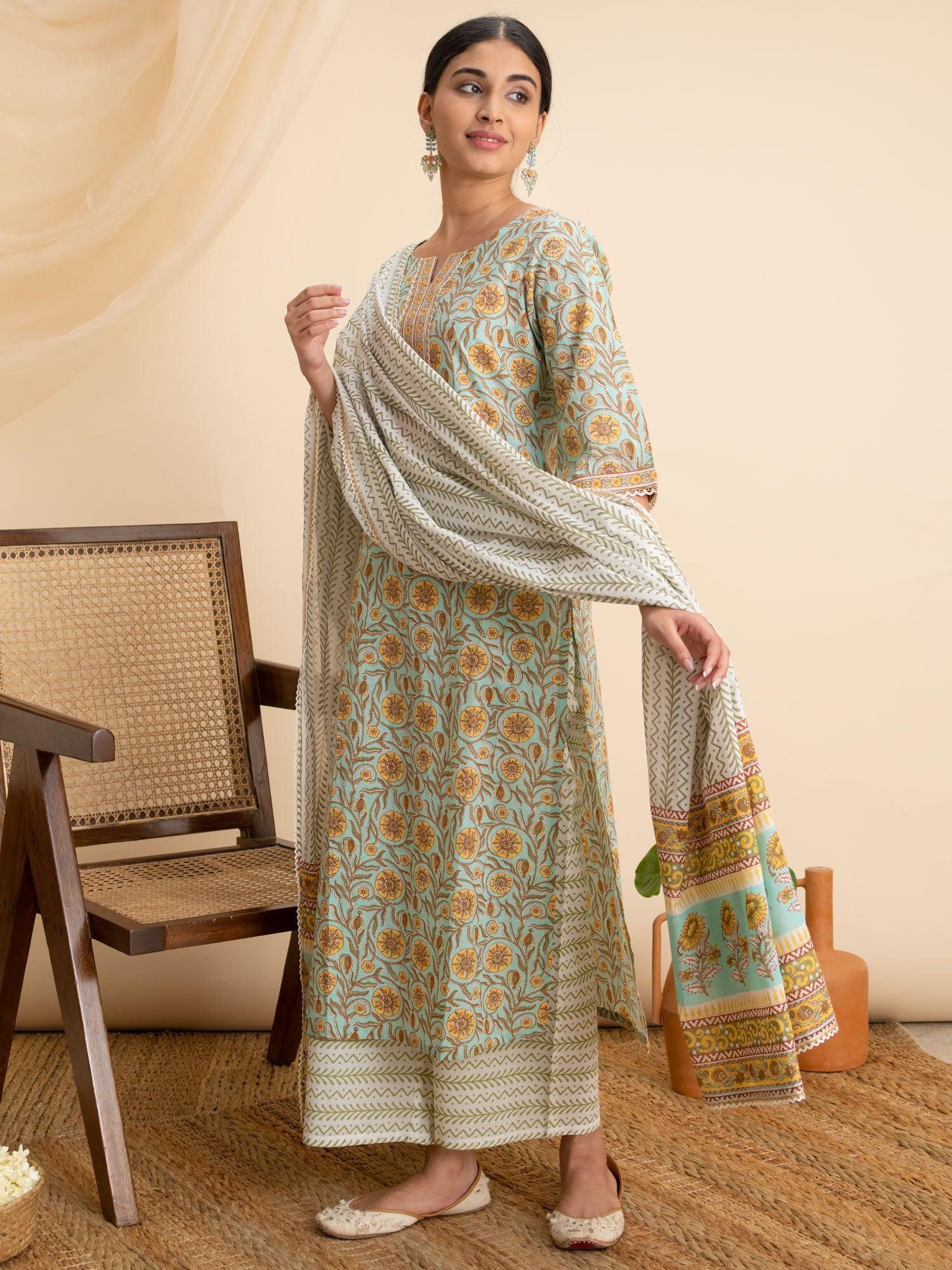 Green Printed Cotton Suit Set